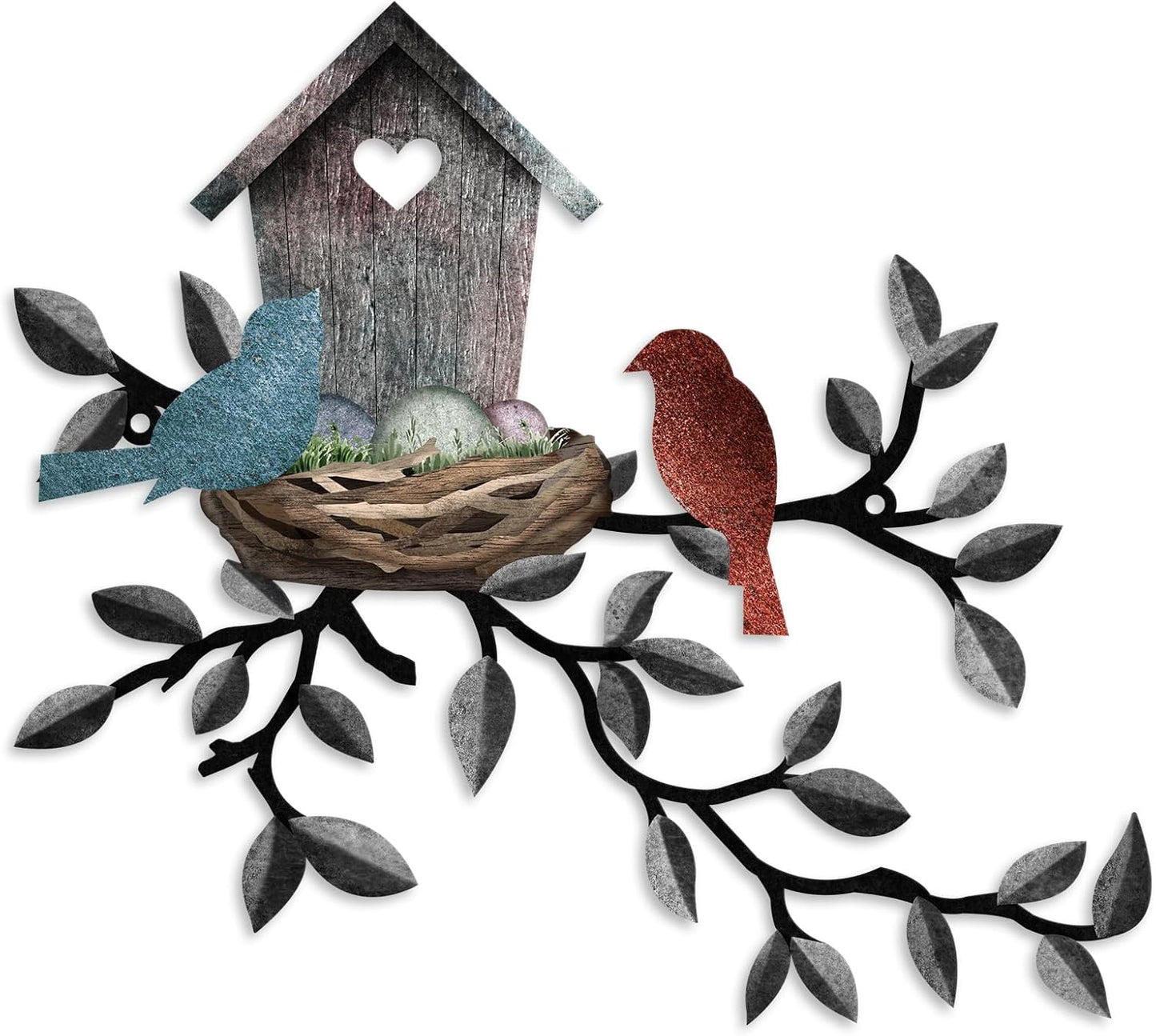 Birds Wall Metal Decor Outdoor Art Hanging Metal Tree with Birdhouse for Living Room Tree Leaf Wall Decor for Indoor Outside Garden, 10.6 x 12 Inches