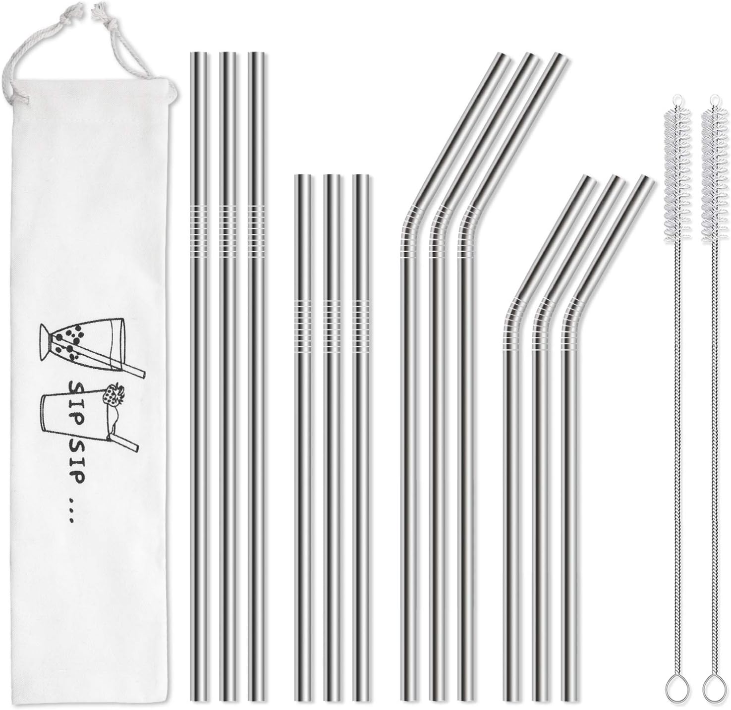 Hiware 12-Pack Reusable Stainless Steel Metal Straws with Case - Long 