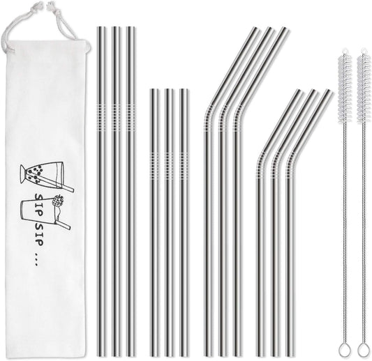 Hiware 12-Pack Reusable Stainless Steel Metal Straws with Case - Long 