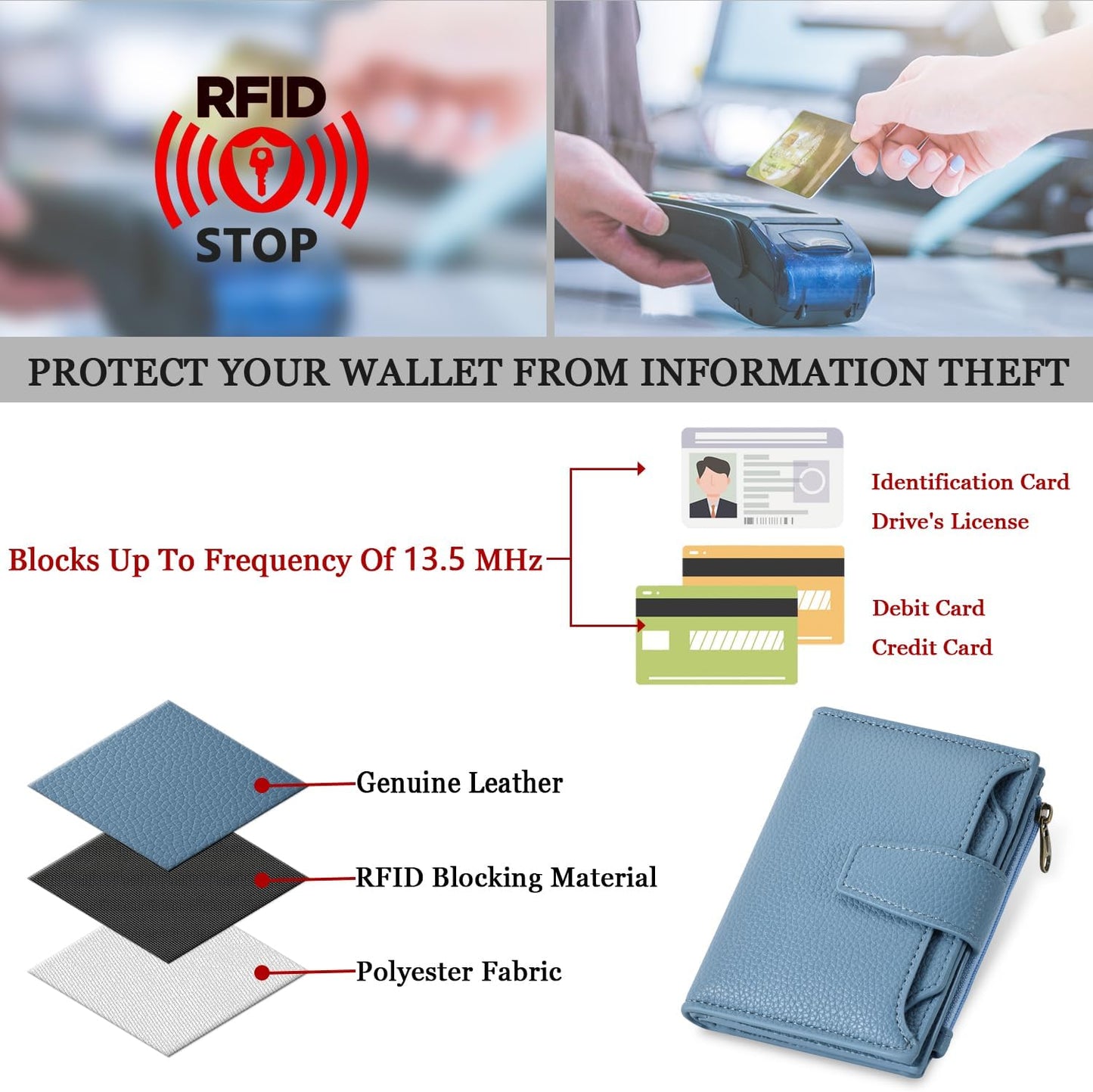 Small Wallet Women RFID Blocking Soft Leather Bifold Compact Card Hold