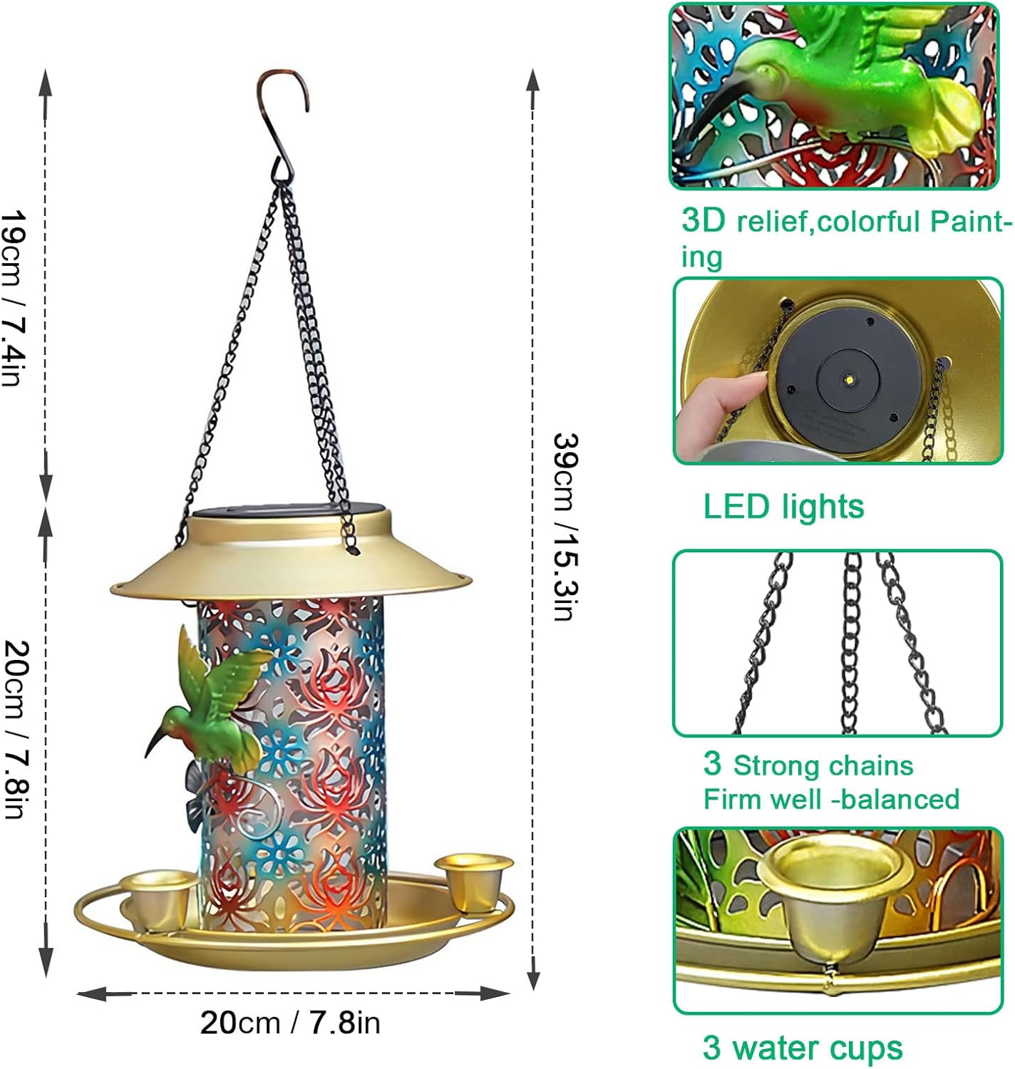 Solar Bird Feeder for Outdoors Hanging, Metal Waterproof Hummingbird Feeders Outside Wild Bird Feeders with 3 Water Feeder Cups and LED Light, Gift for Birds Lovers, Garden Lantern Decoration