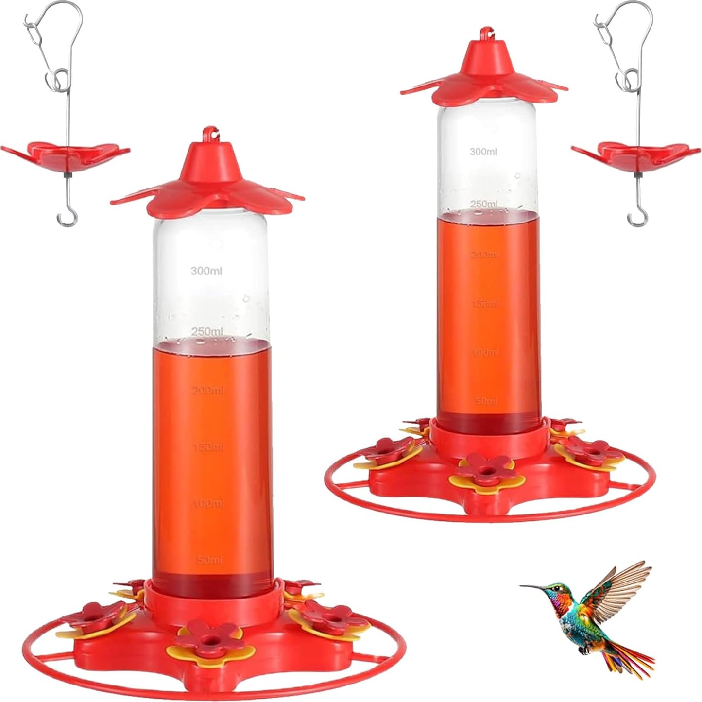 [Patent #1060866S] Hummingbird Feeder 12 oz, 5 Feeding Ports Plastic Humming Feeders for Outdoors Hanging, Upgraded Anti-Fall Hook, Ant Moat, Leak-Proof, Easy to Clean (2 Pack)