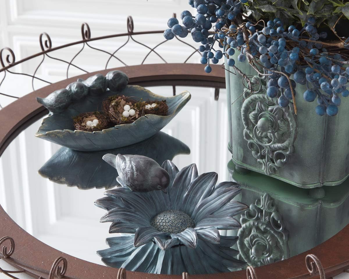 K&K Interiors, 17224A 12.25 Inch Resin Patina Green & Gold Leaf Feeder with 4 Birds