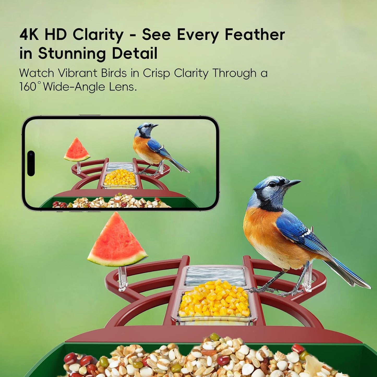 Smart Bird Feeder with Camera, Solar Panel & 5200mAh Battery, 4K HD Video, AI Identification, Instant Arrival Alerts & Alarm, IP65 Weatherproof, 32GB Card, 2L Capacity, for Bird Lover (Red Green)
