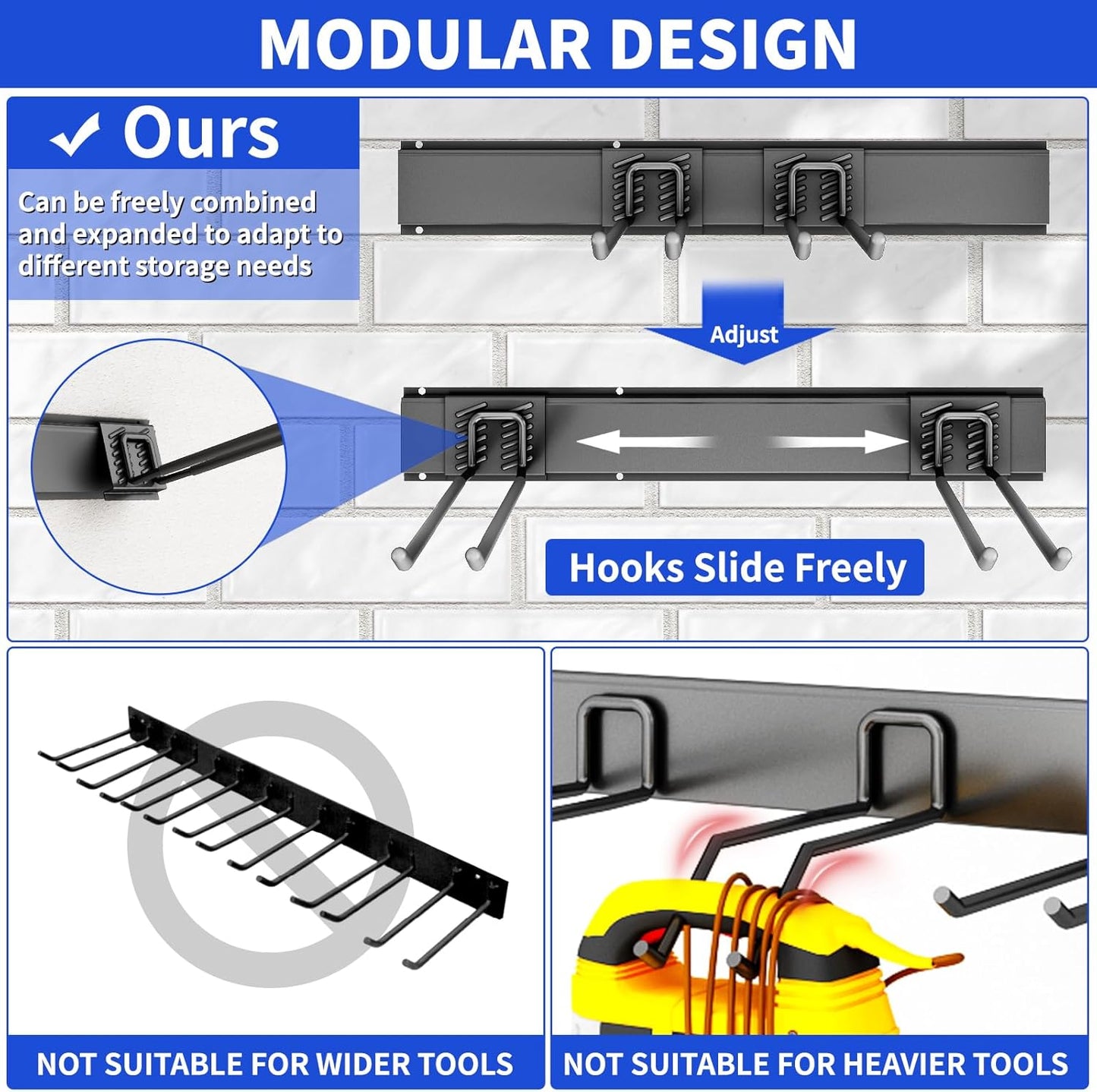 Garage Tool Organizer Wall Mount, 48inch Heavy Duty Garden Tool organizer Storage System, Easy Install With 6 Adjustable Straight Hooks, For Garage, Basement, Shed, Workshop(Black)