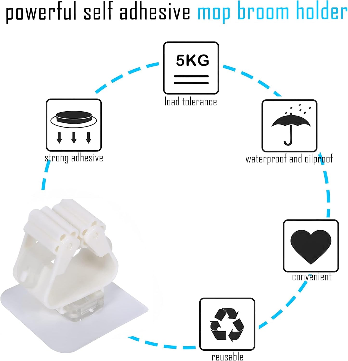 3-H 40 Pack Self Adhesive Broom Holder Wall Mount - Heavy Duty No Dril