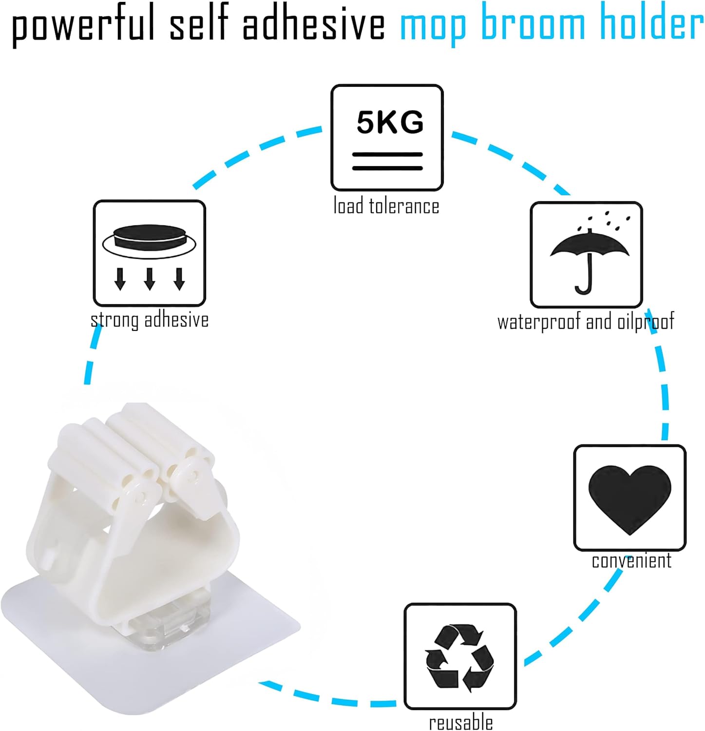 3-H 40 Pack Self Adhesive Broom Holder Wall Mount - Heavy Duty No Dril