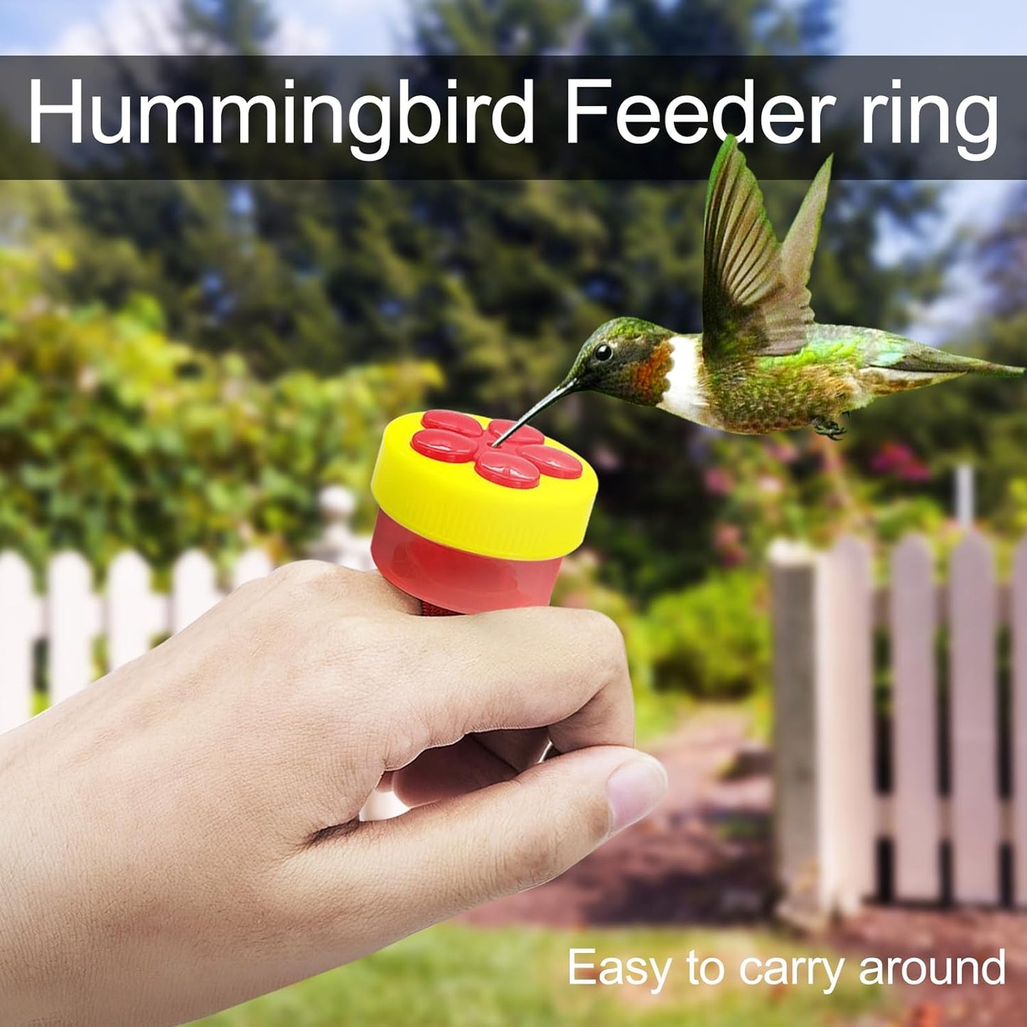 4 PCS Hummingbird Ring Feeder, Hand Hold Hummingbird Feeder with 2 Cleaning Brush and Stretchy Finger Ring Strap Mini Hand Feeding Tools for Outdoors (2 Red+2 Yellow)