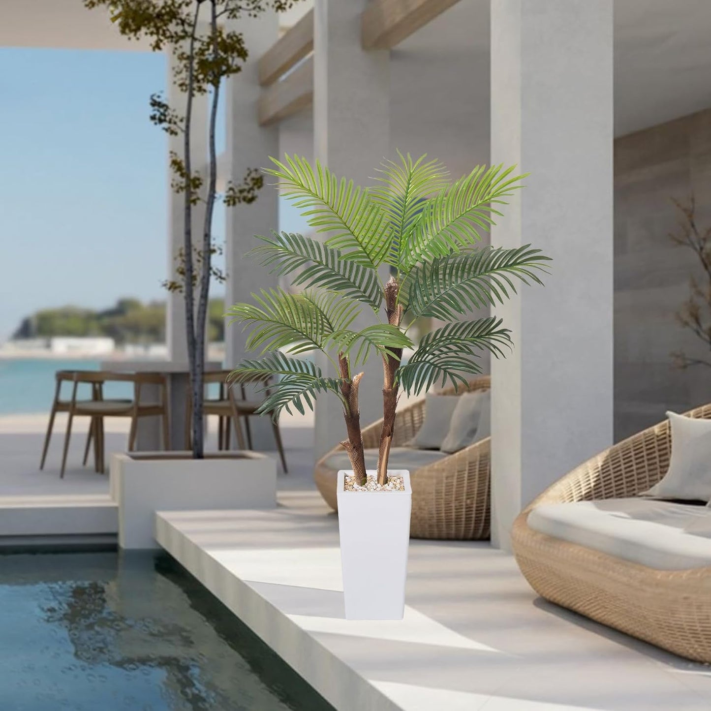 Artificial Palm Tree 5FT, Fake Tree with Realistic Fiber Trunks and White Tall Planter, Faux Tropical Areca Floor Plant in Pot, Artificial Silk Plant for Home Decor Office Living Room Decor