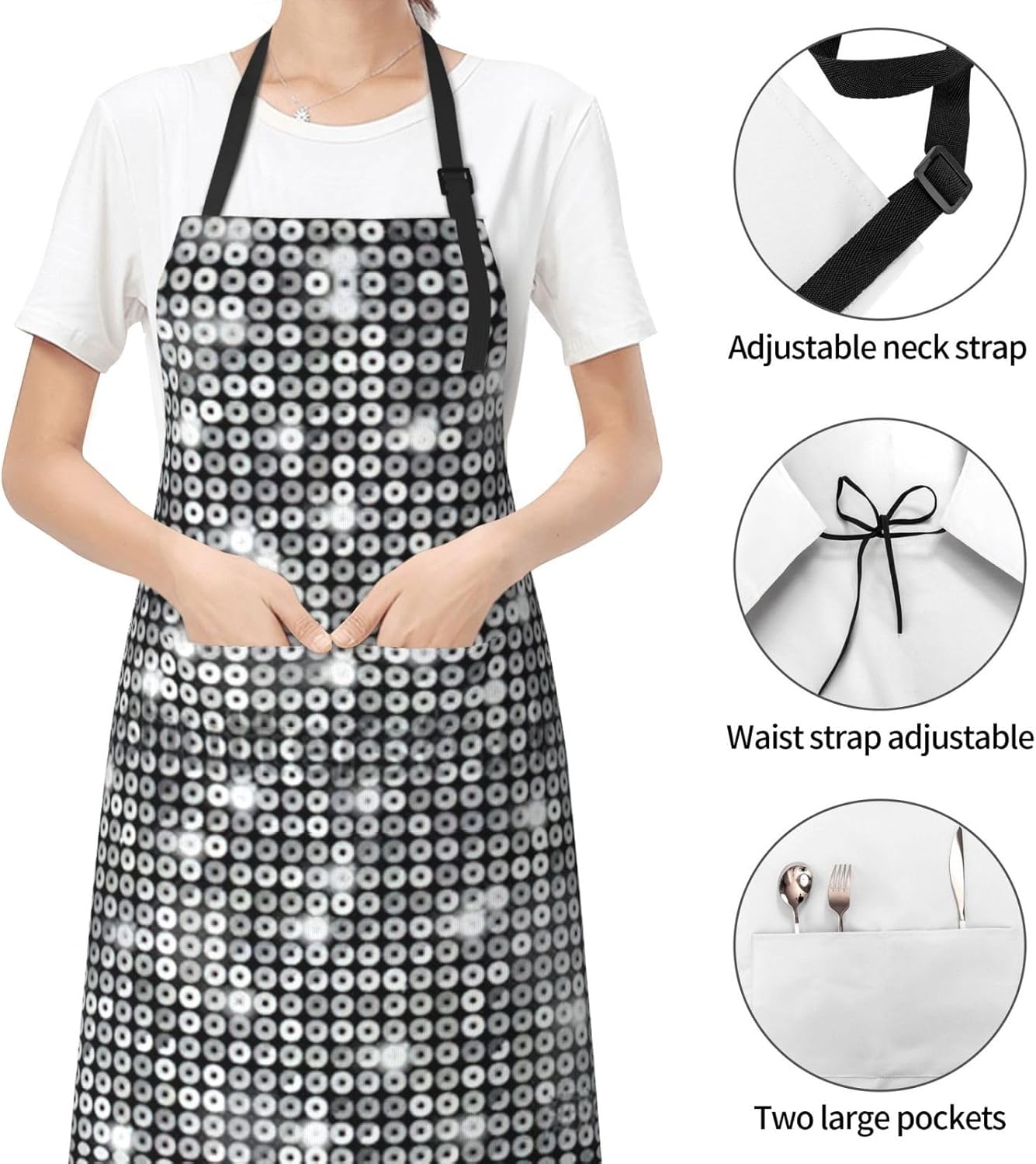 Silver Sequin Sparkle Pattern Print 28 x 33in Waterproof Apron with Pockets Fashionable Versatile Smock for Baking