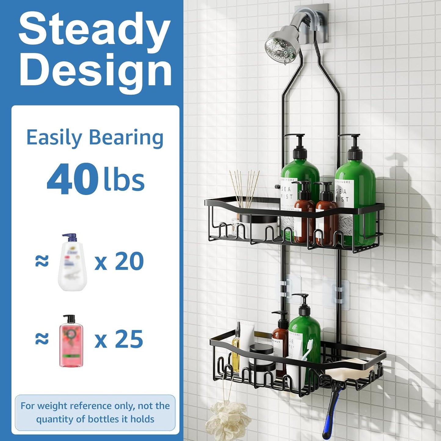 Upgraded Extended Length Shower Organizer with Hooks, Rustproof Shampo