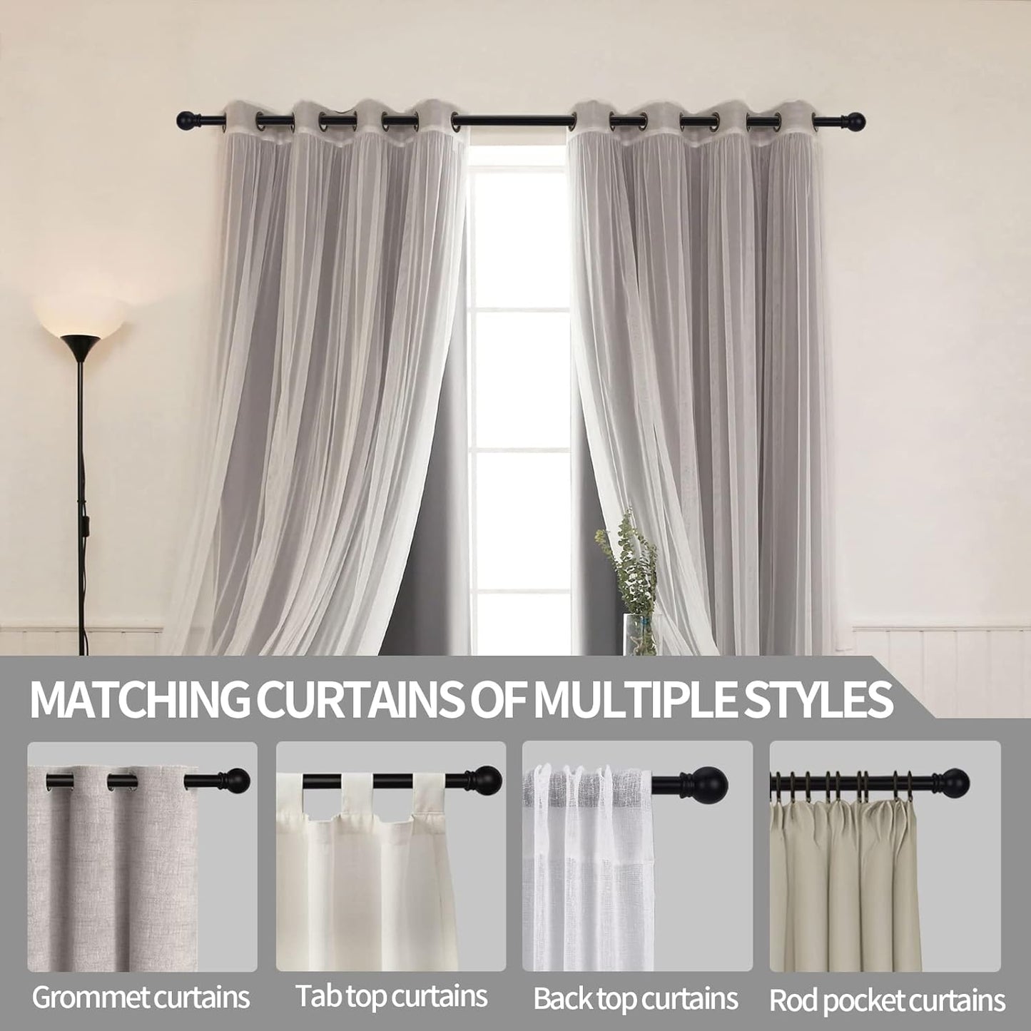 Curtain Rods for Windows 48 to 84-92 inch, 5/8" Matte Black Curtain Rod, Stainless Steel Small Curtain Rods for Bedroom, Living Room,Kitchen,Farmhouse, Outdoor Curtain rod Black