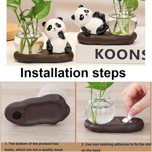 2pcs Desktop Glass Planter Vase Holder,Creative Ceramic Panda Shape Vase for Hydroponic Plants,Planters Clear Hydroponic Vase, Flowers Plants for Decorative Centerpiece,Table Decor