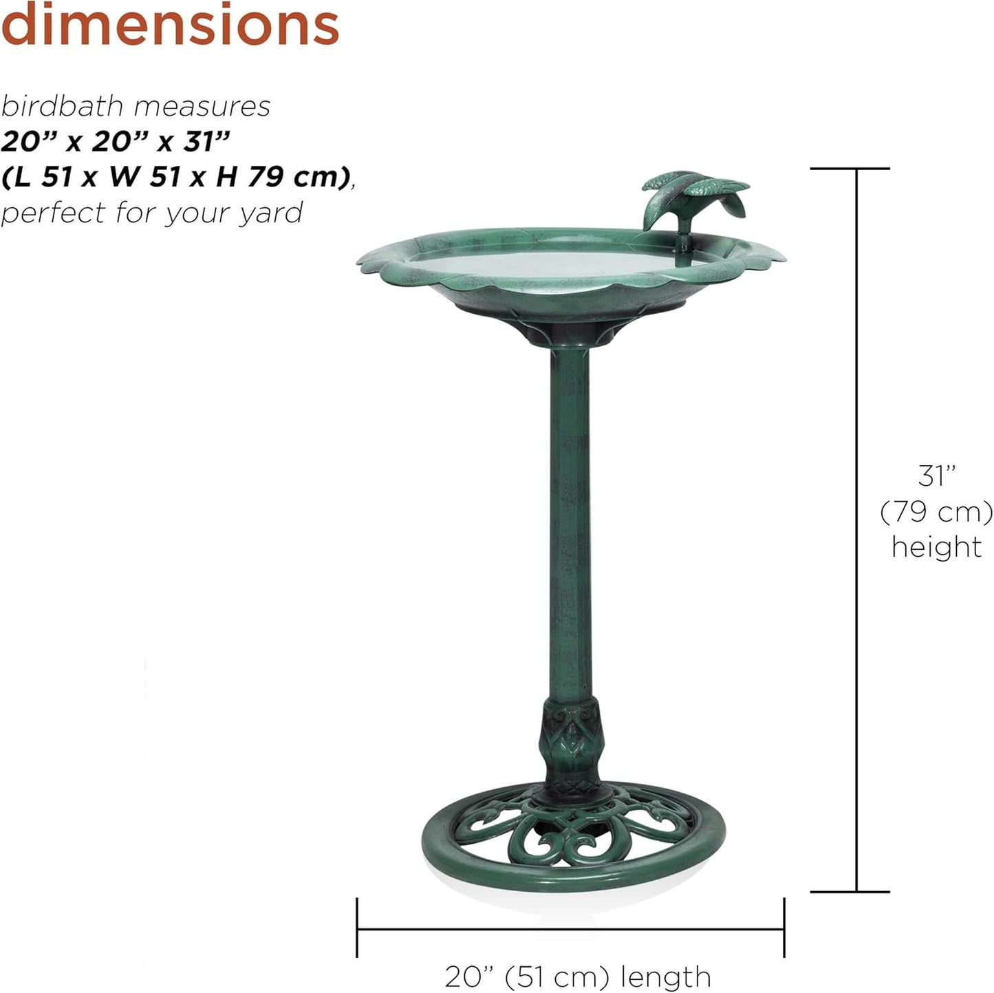 Alpine Corporation 31" Tall Outdoor Antique Flower Birdbath with Bird Decoration Yard Statue, Durable Polypropylene Construction for Patio, Deck, or Yard, Green