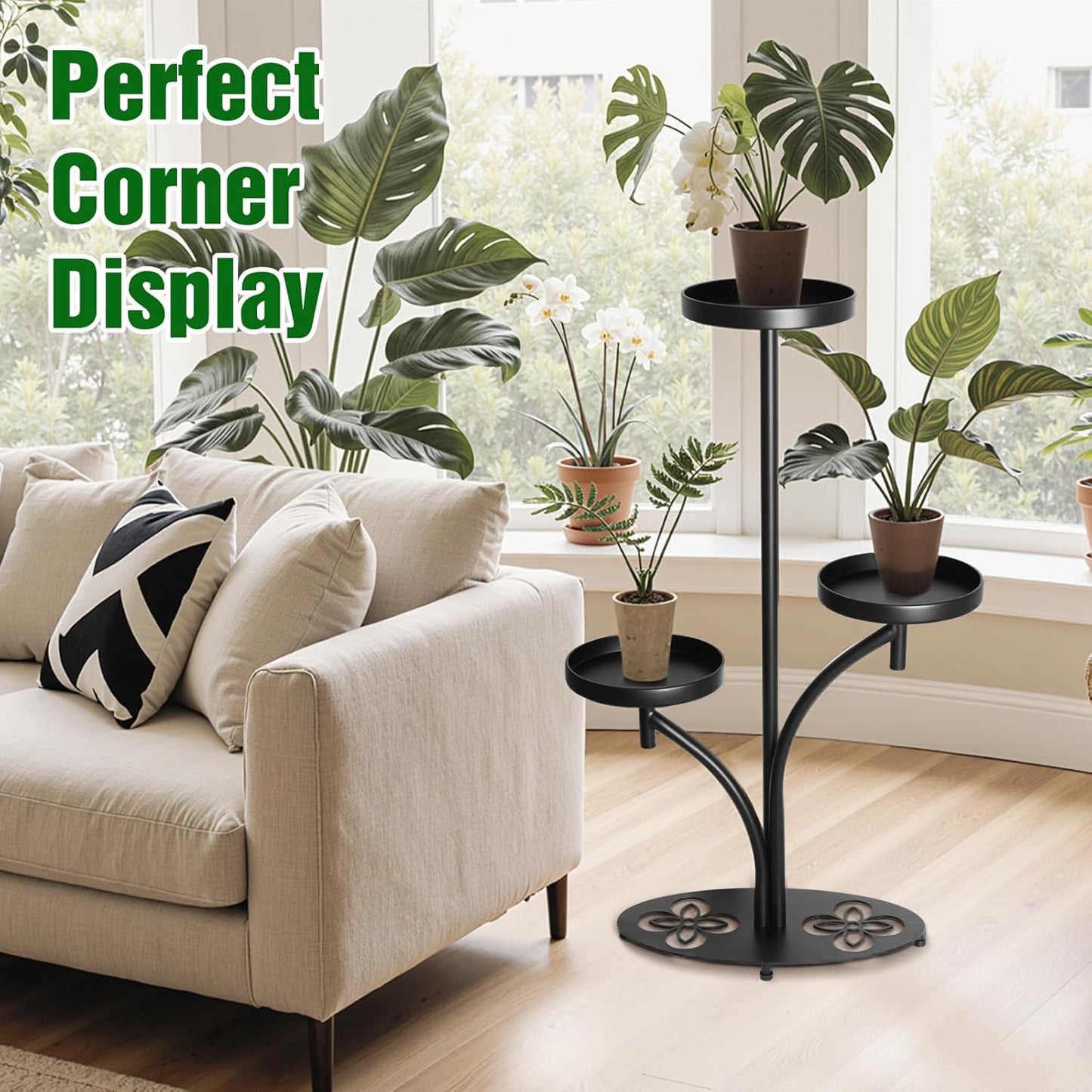 Indoor 3 Tier Black Plant Stand, Tall Metal Plant Stand, Heavy-duty Ba