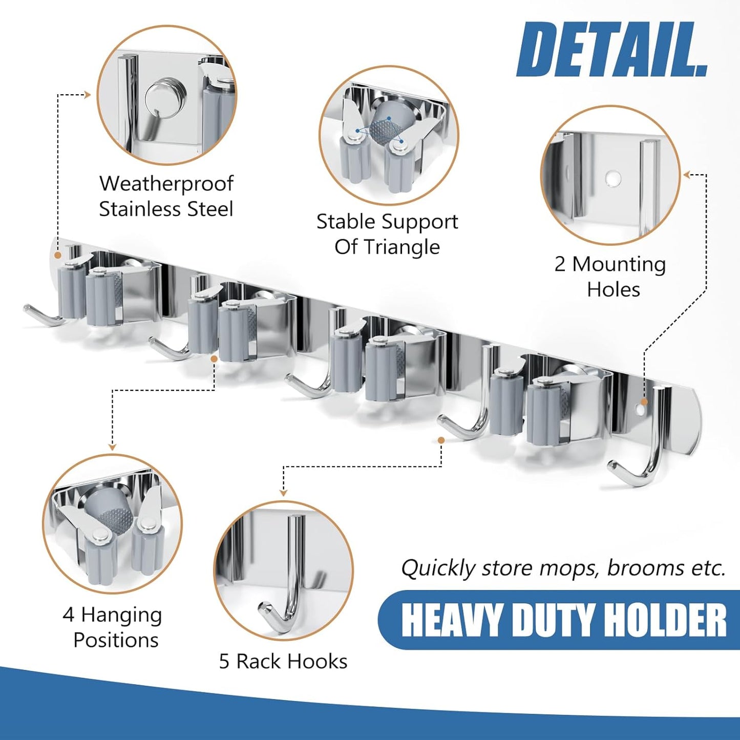 4 Racks 5 Hooks Mop and Broom Holder Wall Mount, Stainless Steel, Heavy Duty Hanger Tool Storage Organizer, Solid Non-slip, for Home, Kitchen, Garden, Laundry Room, Garage, Silver