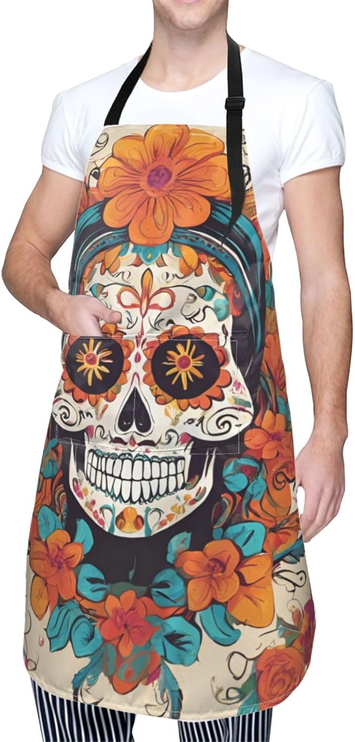 YANYU Floral Skull Print 28x33 In Kitchen Apron Stylish Chef Apron wit