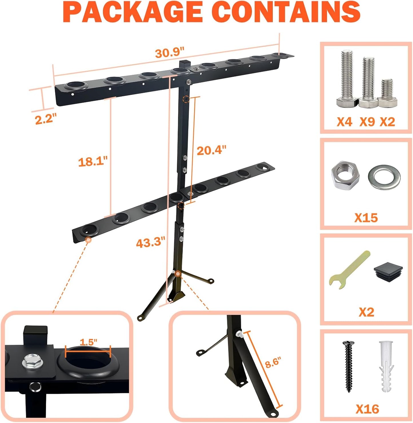 Trailer Tool Rack with Rubber Grommets & Reinforced Base –Heavy Duty 8-Hole Steel Shovel Holder Holds Shovels, Rakes, Hoes for Open Trailers, Trucks & Lawn Care Equipment