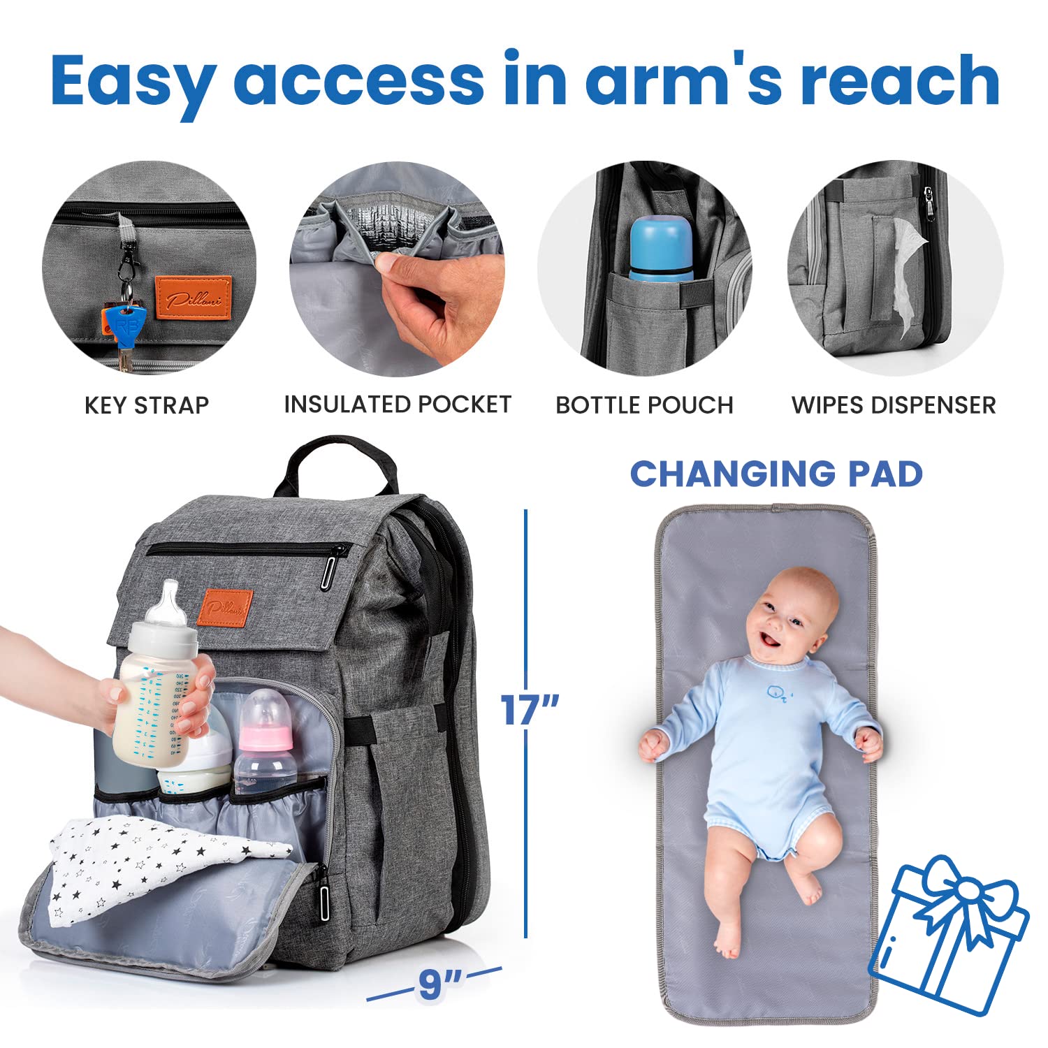 PILLANI Baby Diaper Bag Backpack - Baby Bags for Girls & Boys, Large W
