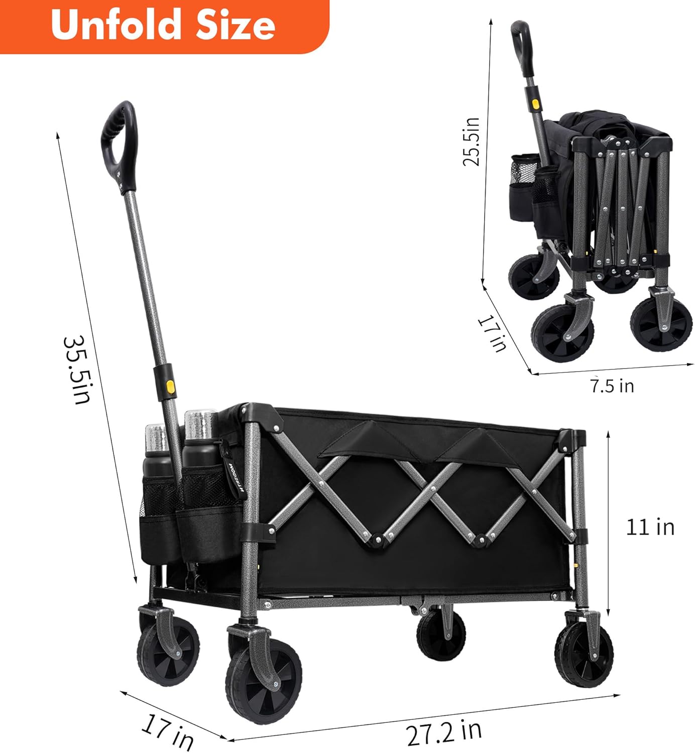 Collapsible Wagon Cart with Wheels Foldable，220lbs Weight Capacity,100L Shopping Cart for Groceries Folding Utility Wagon for Beach, Garden, Camping, Sport, Black