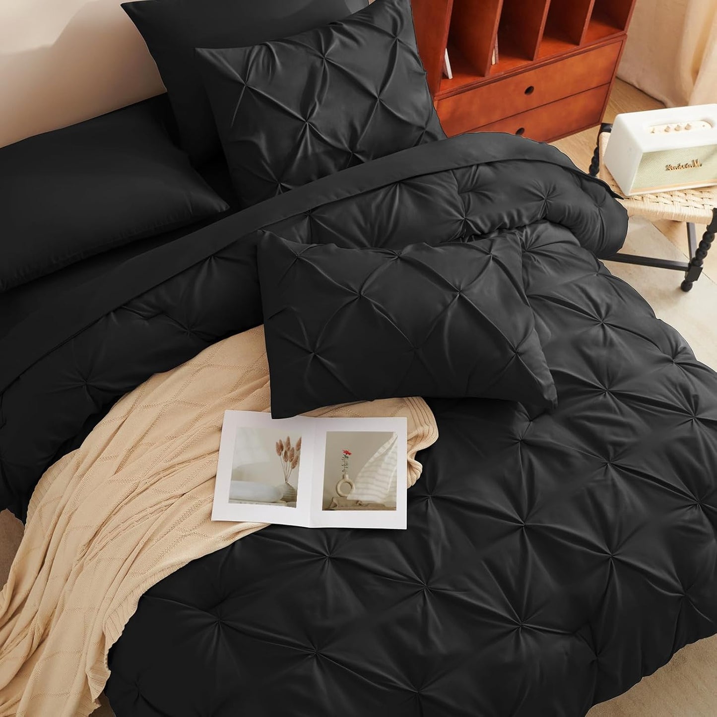 CozyLux Queen Comforter Set Black, 7 Pieces Pintuck Bed in A Bag, Premium Black Comforter Queen Size, Pinch Pleat Bedding Sets with Comforter, Sheets, Pillowcases & Shams