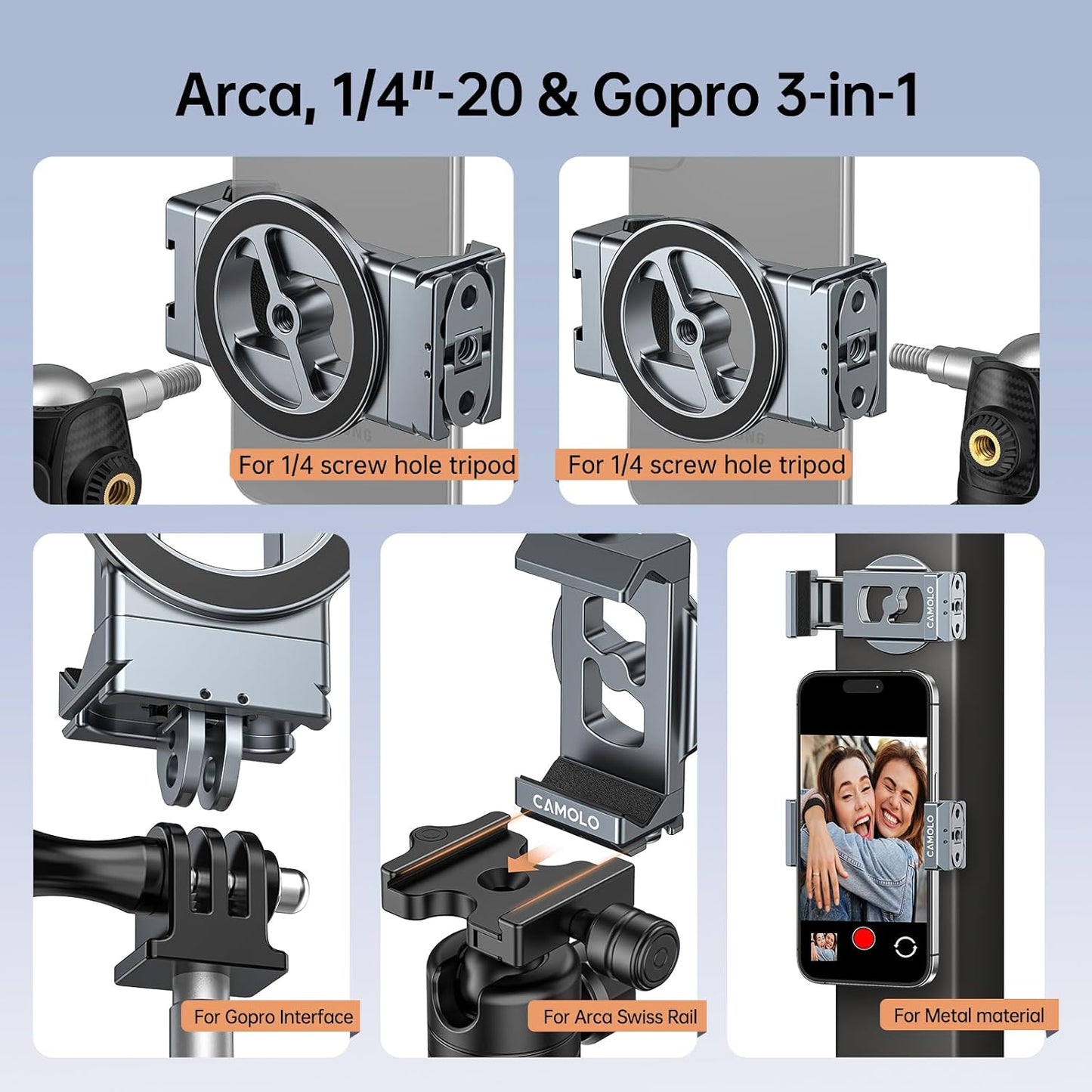 Metal Phone Tripod Mount with Arca Port & Magnetic 1/4"-20 Action Camera Adapter, Adjustable Smartphone Tripod Adapter Clamp Cell Phone Stand Holder Compatible with iPhone 16 Plus PRO Max GoPro