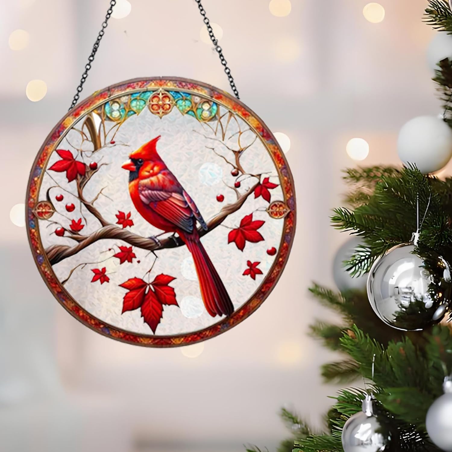 Cardinal Stained Glass Window Suncatcher Red Bird Hanging Ornament Rei