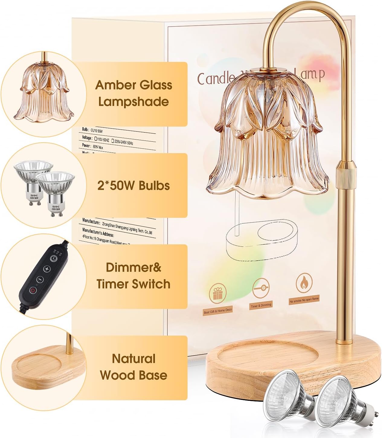 Candle Warmer Lamp Adjustable Timer - Electric Flower Glass Candles Wa