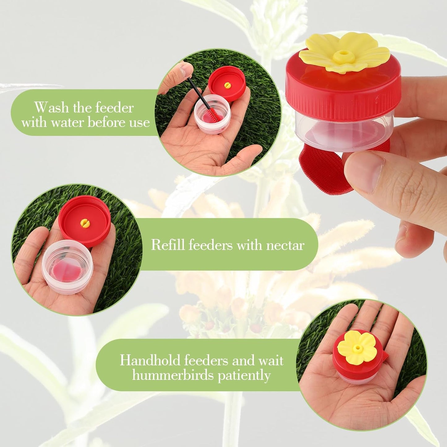 Hummingbird Wrist Feeder Set, 2 Pack Ring and Wrist Adjustable Hummingbird Hand Feeders with 2 Cleaning Brush Mini Hand Held Flower Hummingbird Feeders for Outdoor (Rainbow)