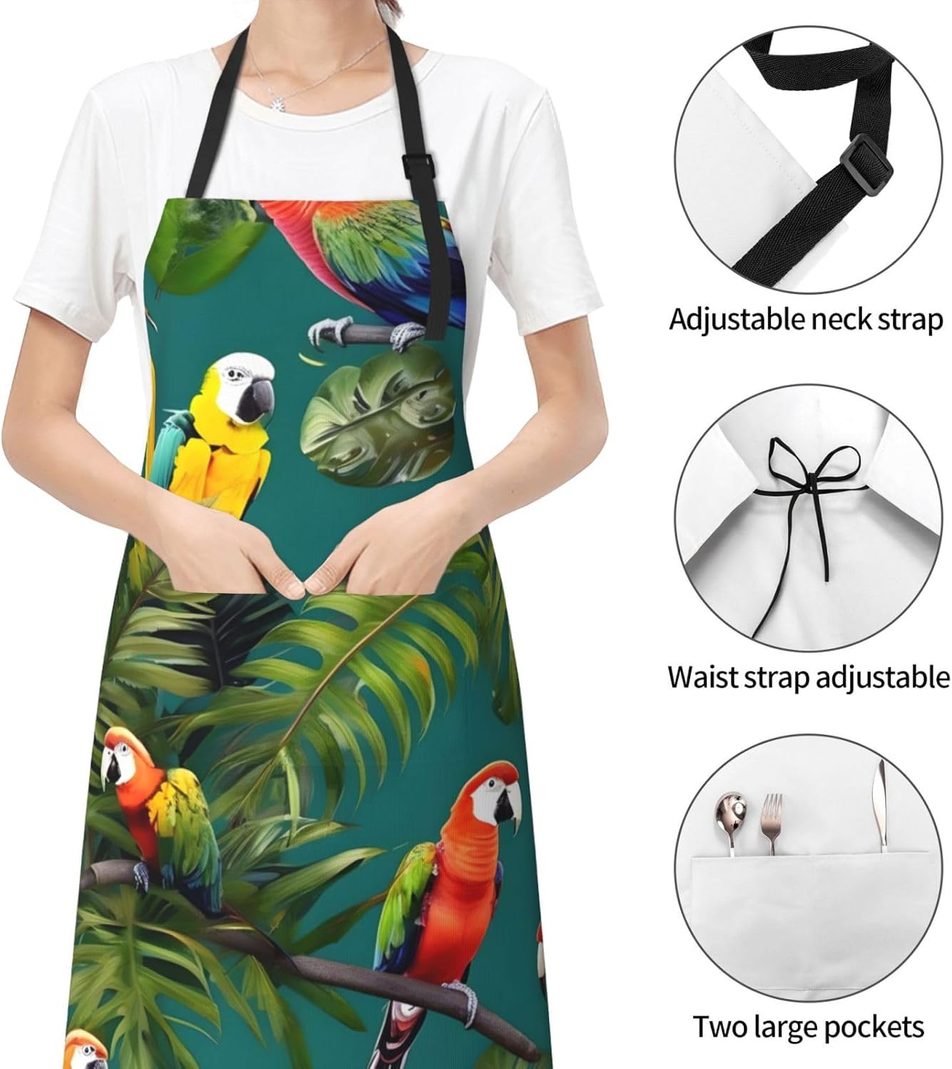 Tropical plants and parrots print Waterproof apron with pocket adjustable cooking apron for adult kitchen bibs to bake