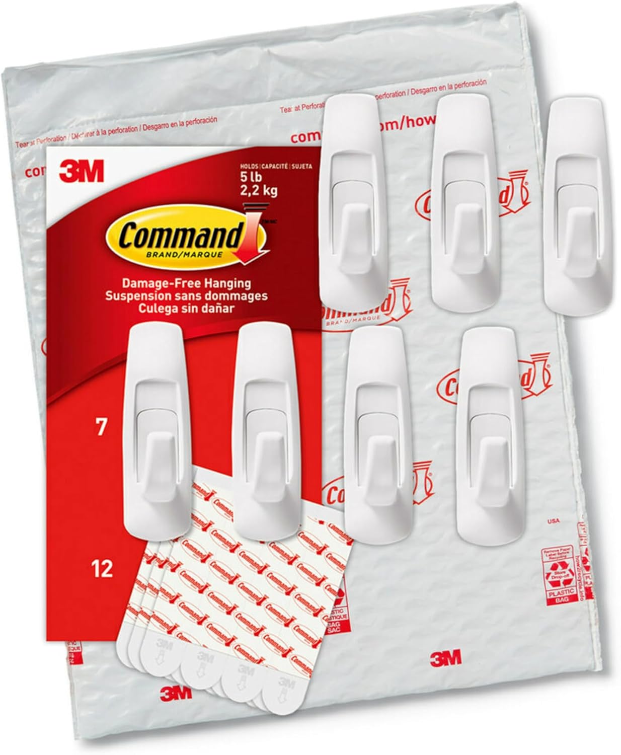 Command 5 lb Large Utility Hooks, 7 Hooks and 12 Strips, Damage-Free Hanging Wall Hook with Adhesive Strips, No Tools Required, Great for Home Kitchen Office Organization | 12-Strips, Organize, Damage-Free