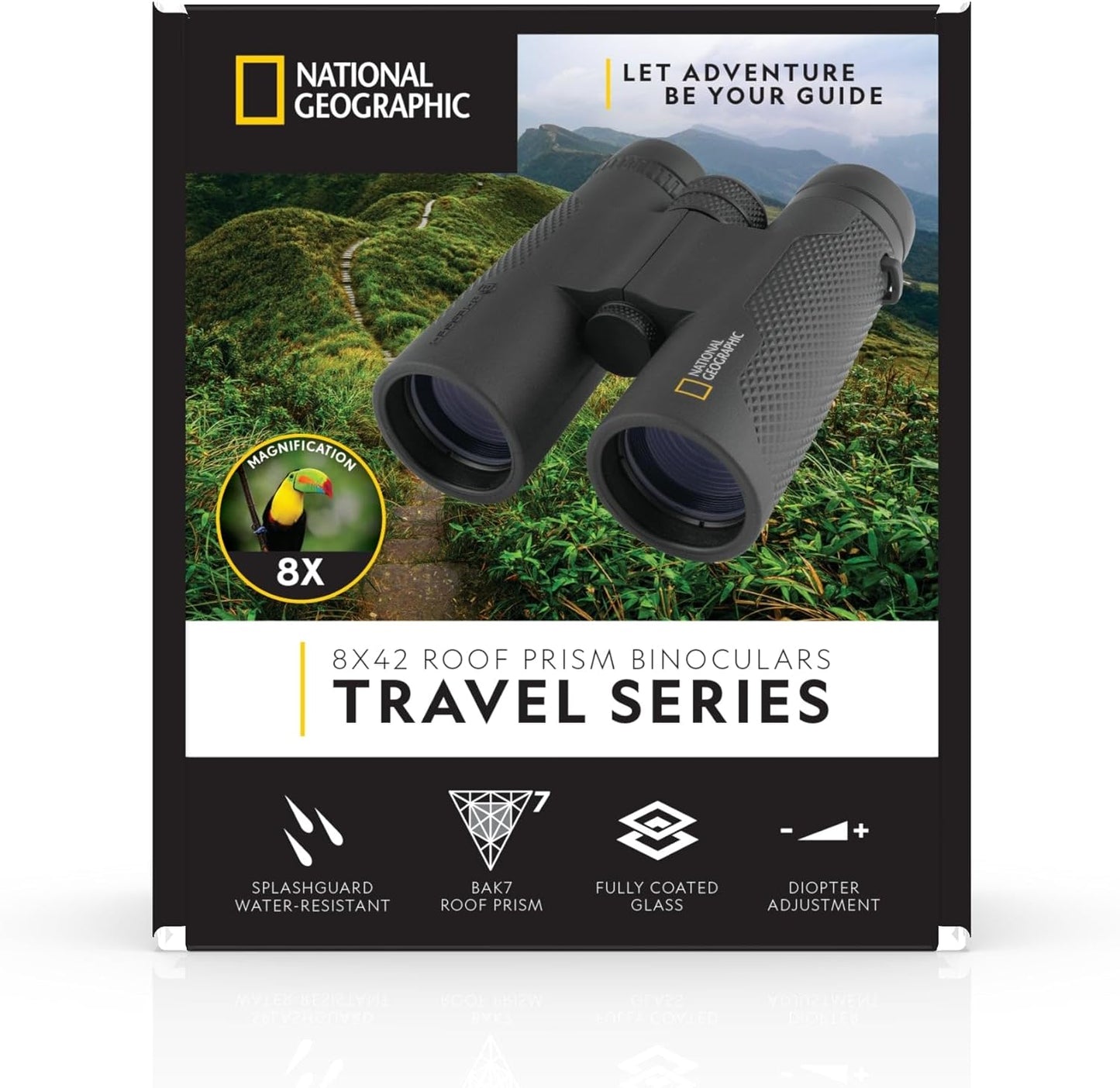 National Geographic 8×42 Binoculars – 8× Magnification, 42 mm Objective, Waterproof Roof‑Prism, Rubber Armoured, Wide Field, Includes Case & Strap