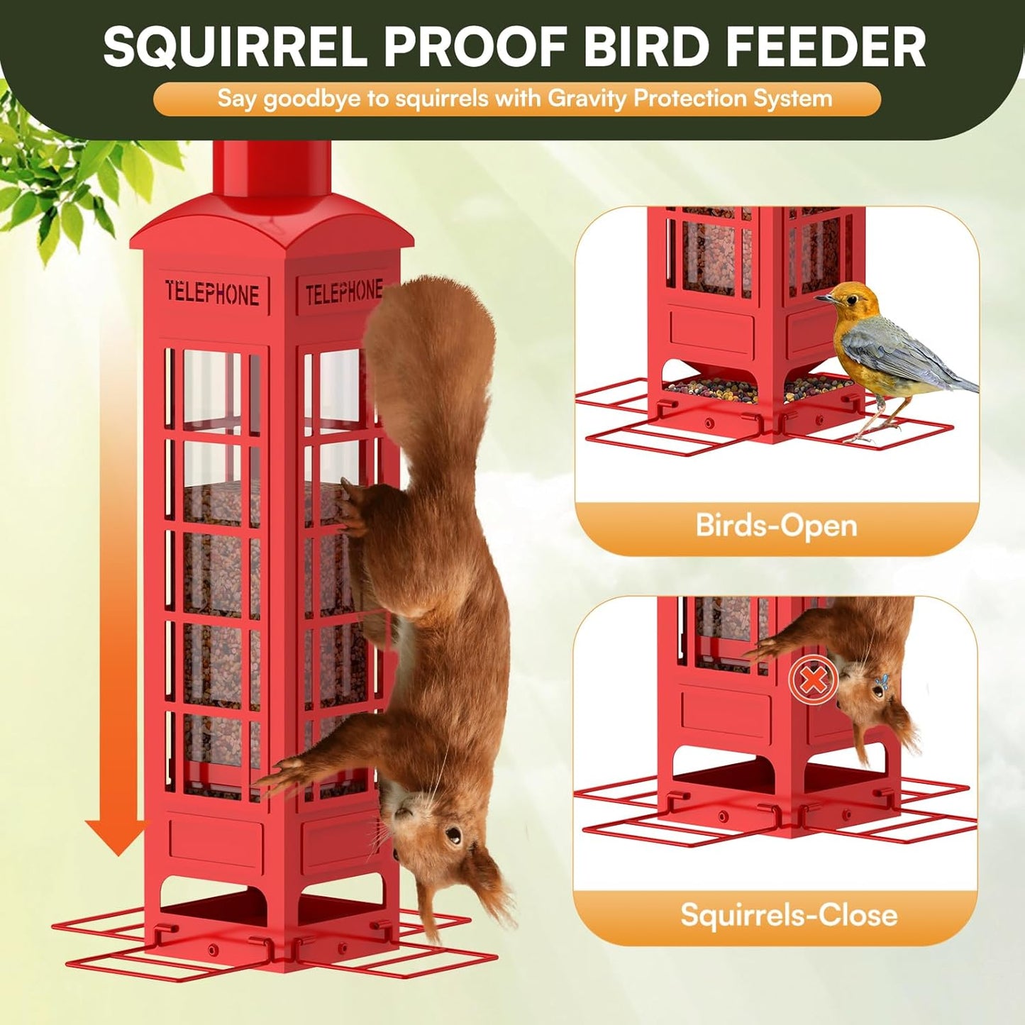 Bird Feeders Squirrel Proof, Weight Activated Metal Wild Bird Feeder for Outdoor Hanging,3LB Large Capacity,Mesh Birdfeeders for Cardinals, Finches, Chickadees-Red