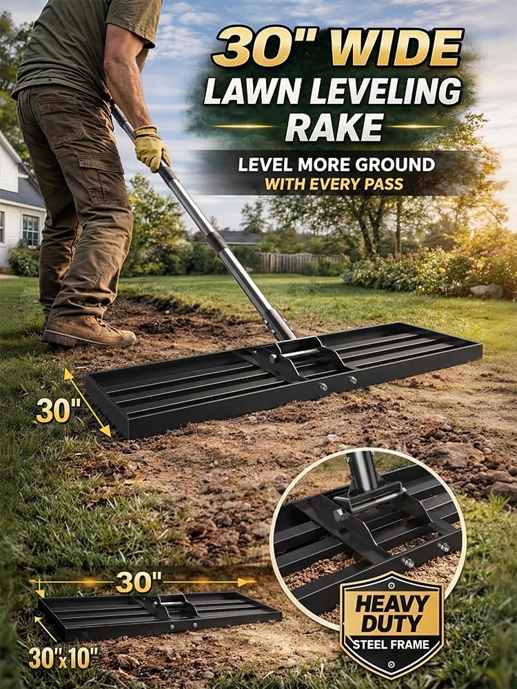 30x10 inch Lawn Leveling Rake, Yumatum 72" Effort Saving Lawn Leveler 