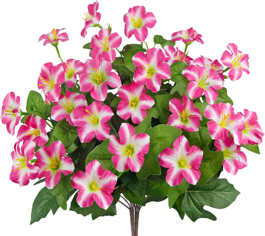 2Pcs Artificial Flowers with 7 Branches Fake Petunias Plants Outside Rose Red Silk Morning Glory UV Resistant Realistic Faux Tropical Flowers for Planter Outdoors Porch Patio Yard Garden Window