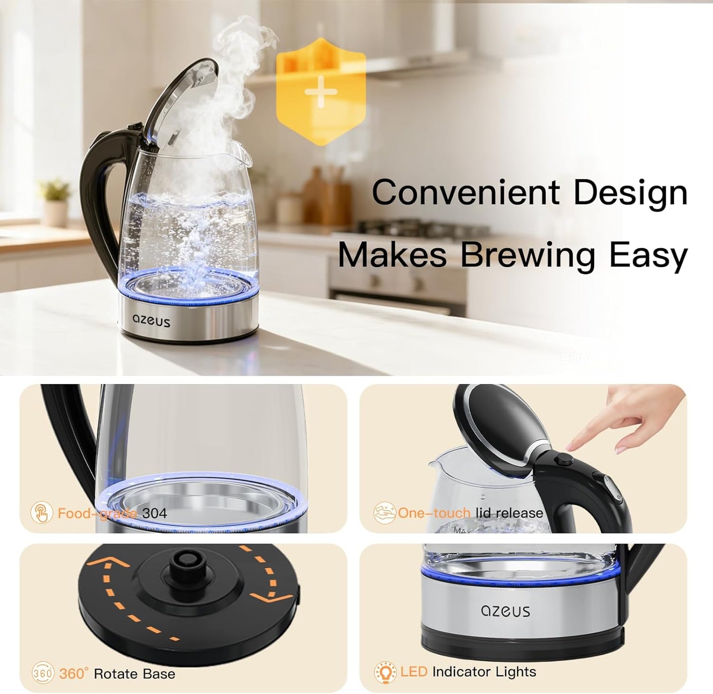 AZEUS Fast Boil Electric Water Kettle, 1.8L Large Capacity with Auto Shut-Off and Boil-Dry Protection, BPA-Free Borosilicate Glass &Stainless Steel