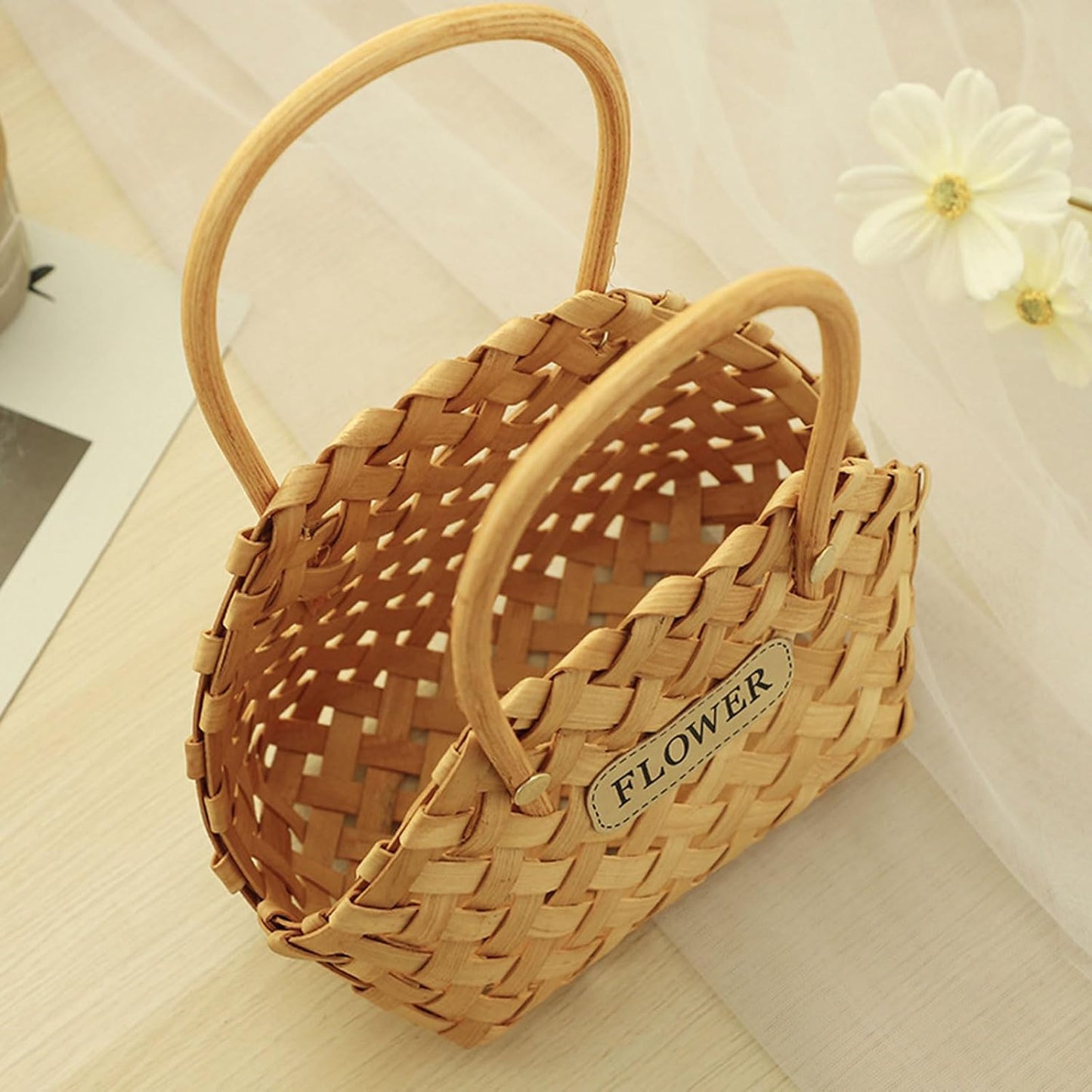 Woven Wood Flower Basket Hand-Held Flower Arrangement Basket Hand-Woven Flower Pot Wedding Flower Girl Baskets for Home