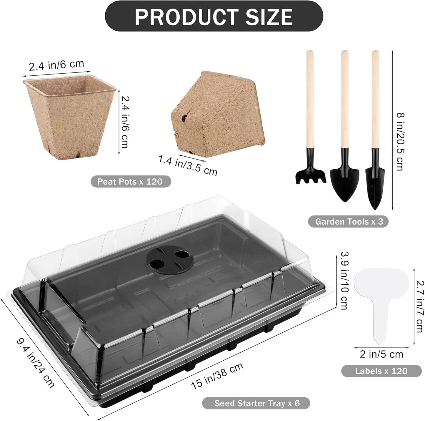 6 Pack Seed Starter Tray Kit with 120 Square Peat Pots for Seedlings, 