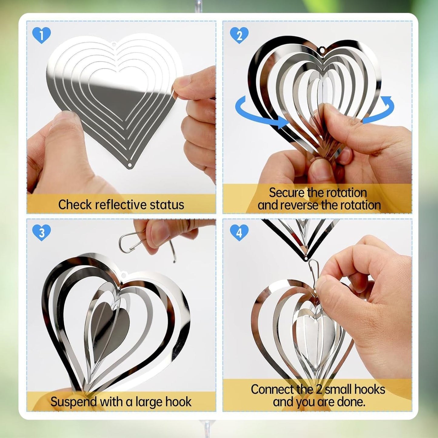Stainless Steel Wind Spinner,3D Silver Indoor Outdoor Garden Decoration Crafts Ornaments,Metal Wind Chimes for Outside Decor,Decorations to Scare Away Yard Birds (Heart-Wind Sculpture)