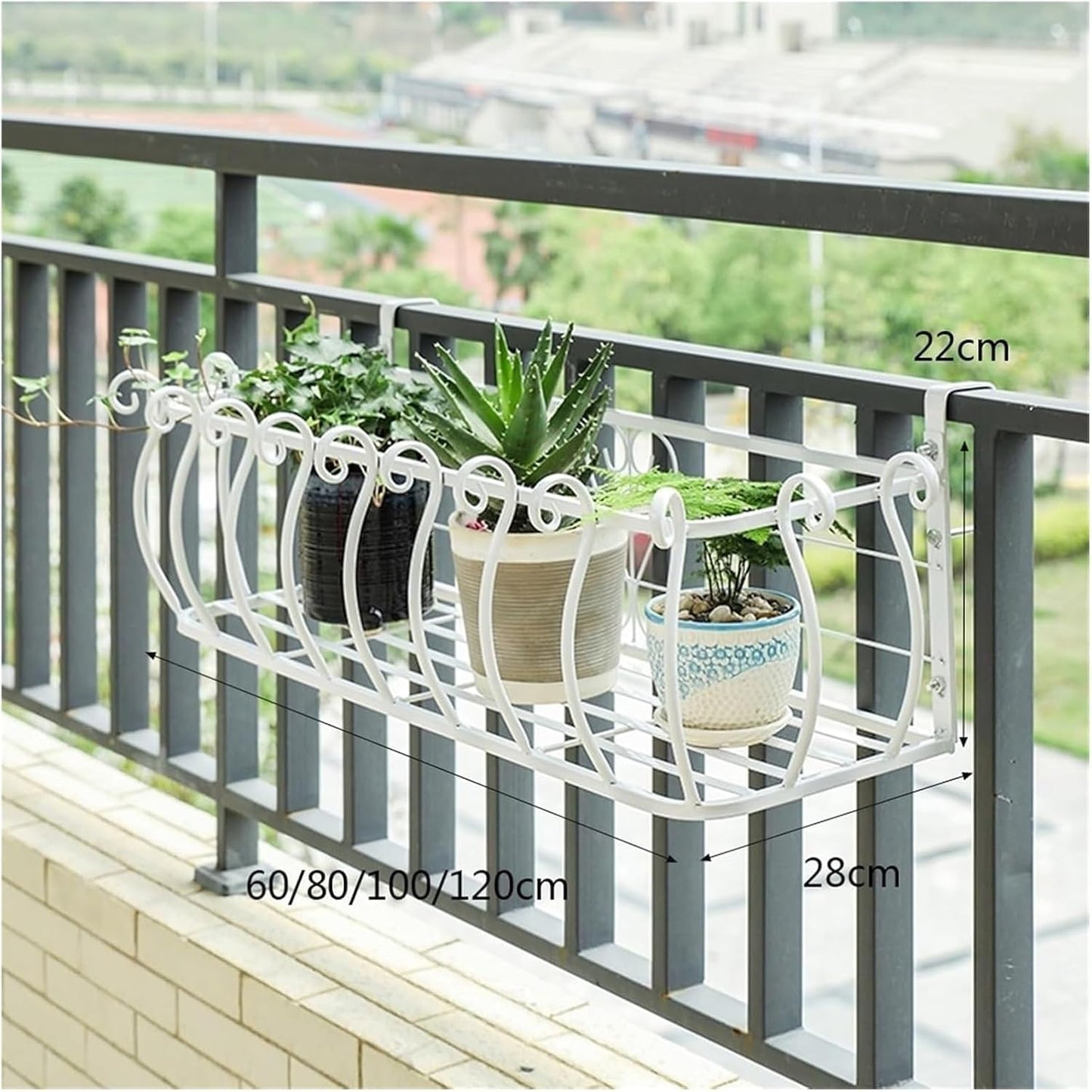 Wall-Mounted Railing Planter, Iron Fence Planters for Potted Plants & Succulents, Balcony Window Sill Flower Stand, Decorative White (100x28x22cm)
