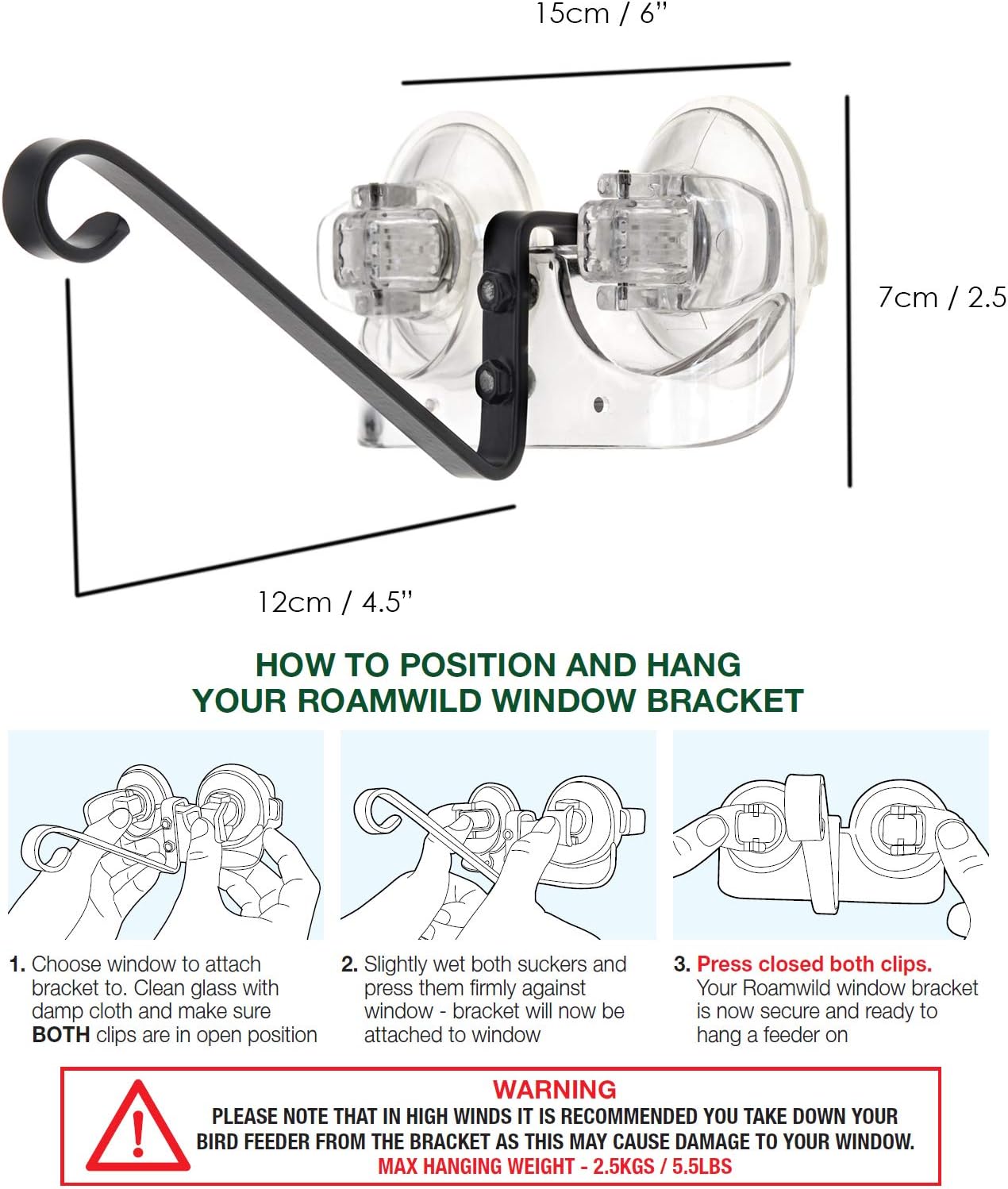 Roamwild Window Mounted Bird Feeder Bracket with Super Strong New Dual Suction Cups Outdoor