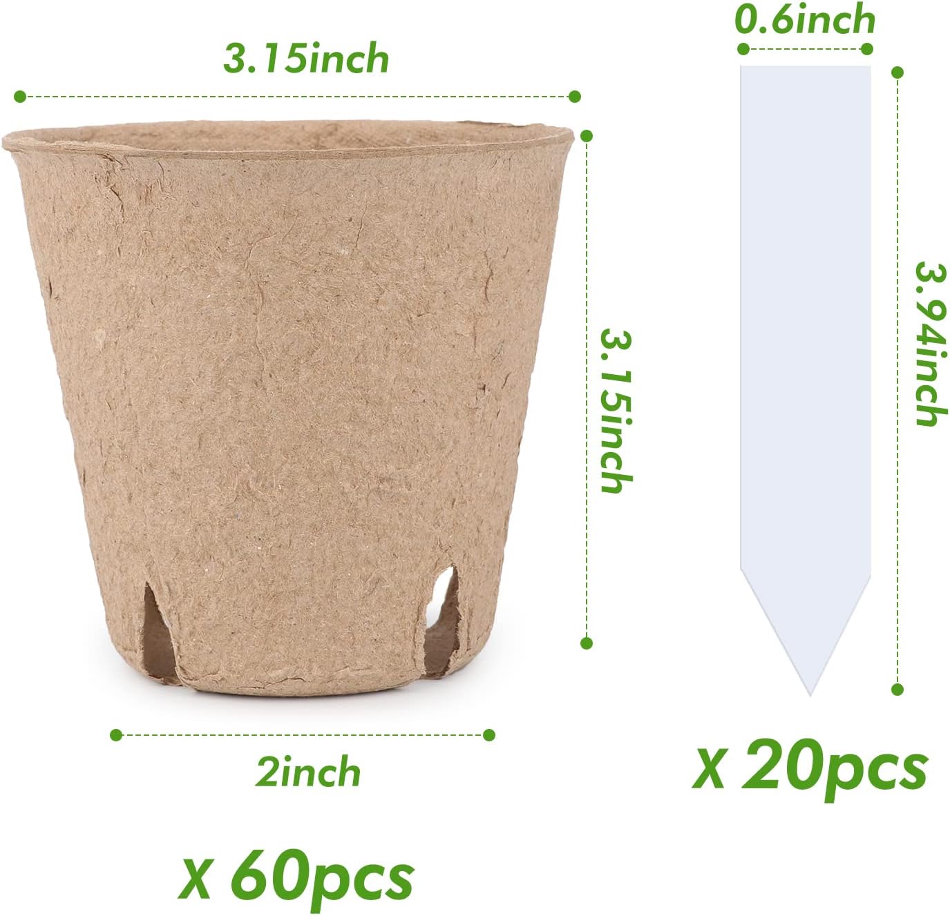 homenote Peat Pots, 60 Pcs 3.15 Inch Seed Starting Pots with Drainage 