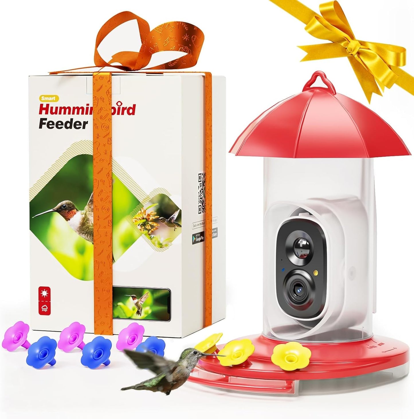 LongPlus® Hummingbird Feeder with Camera, Ant Moat, Bee Proof, Bird Feeder with Camera, Bird Watching Camera with 3 Feeding Ports, Instant Notification, Ideal Gift
