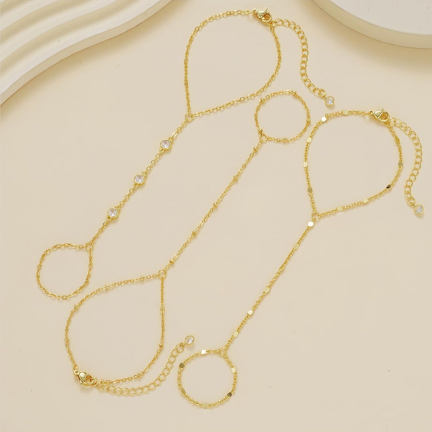 3PCS 14K Gold-Plated Hand Chain Bracelets for Women, Stack Bracelets S