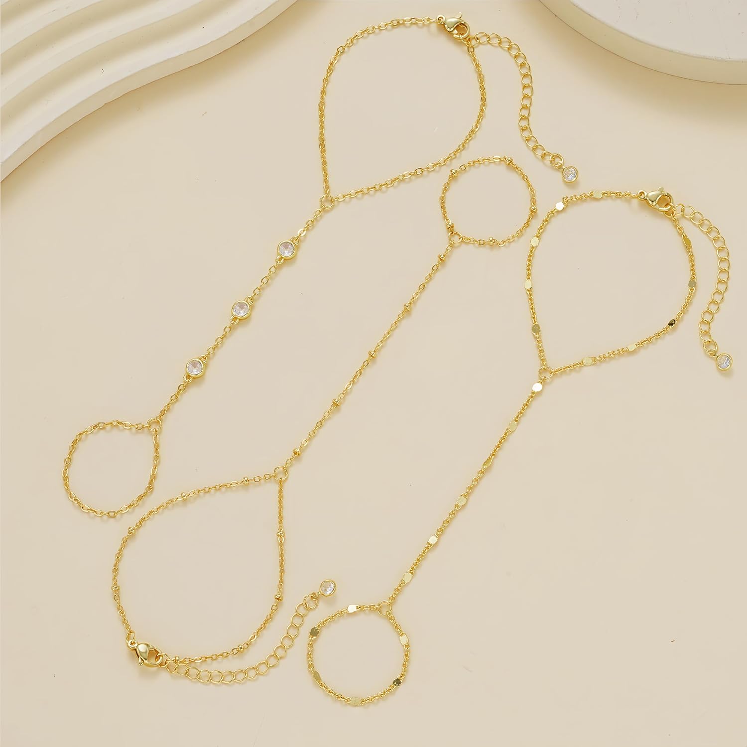 3PCS 14K Gold-Plated Hand Chain Bracelets for Women, Stack Bracelets S