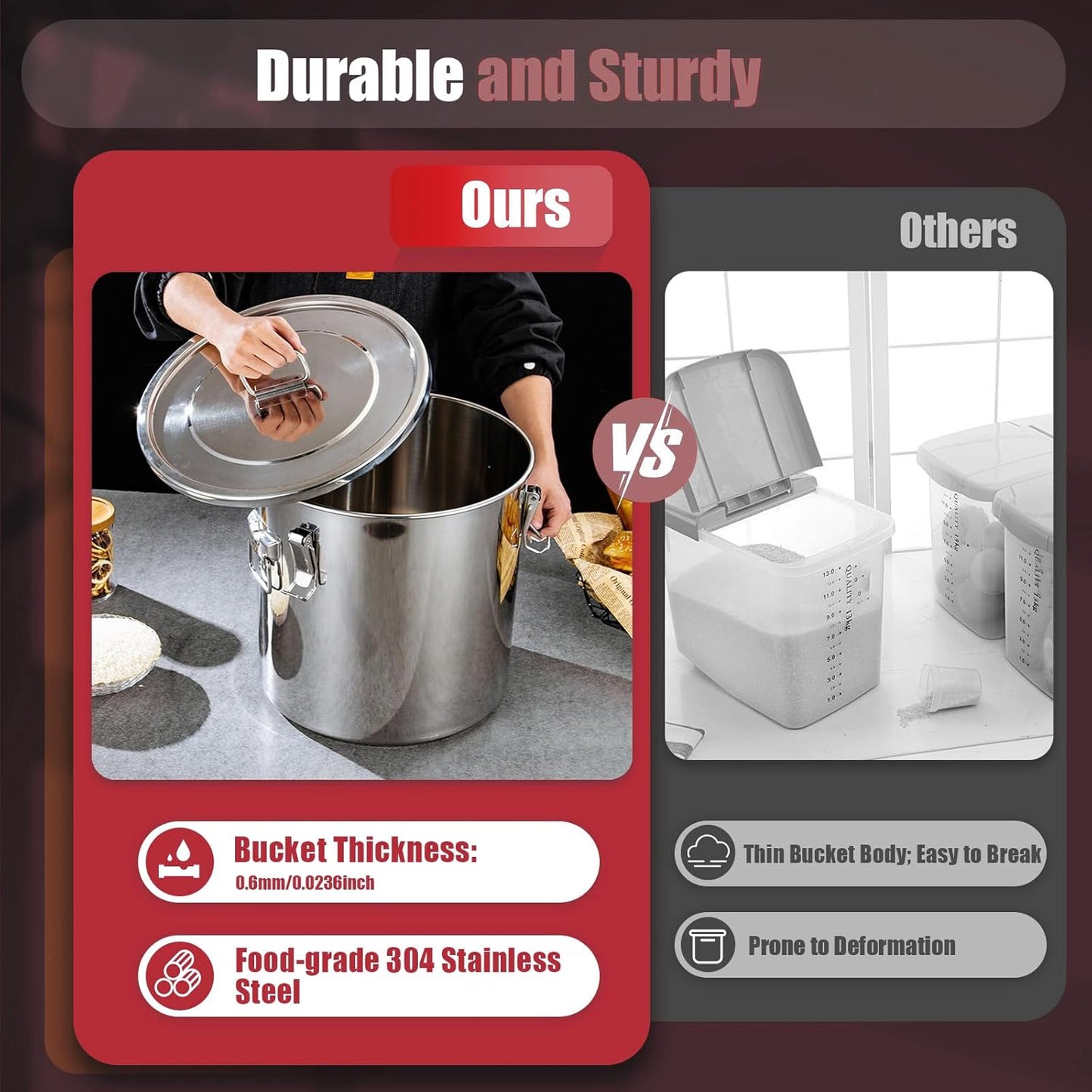 5.5Gal 304 Stainless Steel Airtight Canister,Metal Bucket Large Stainless Steel Canisters - Locking Clamp & Airtight Lids - Dog Food/Bird Seed/Coffee Storage Container