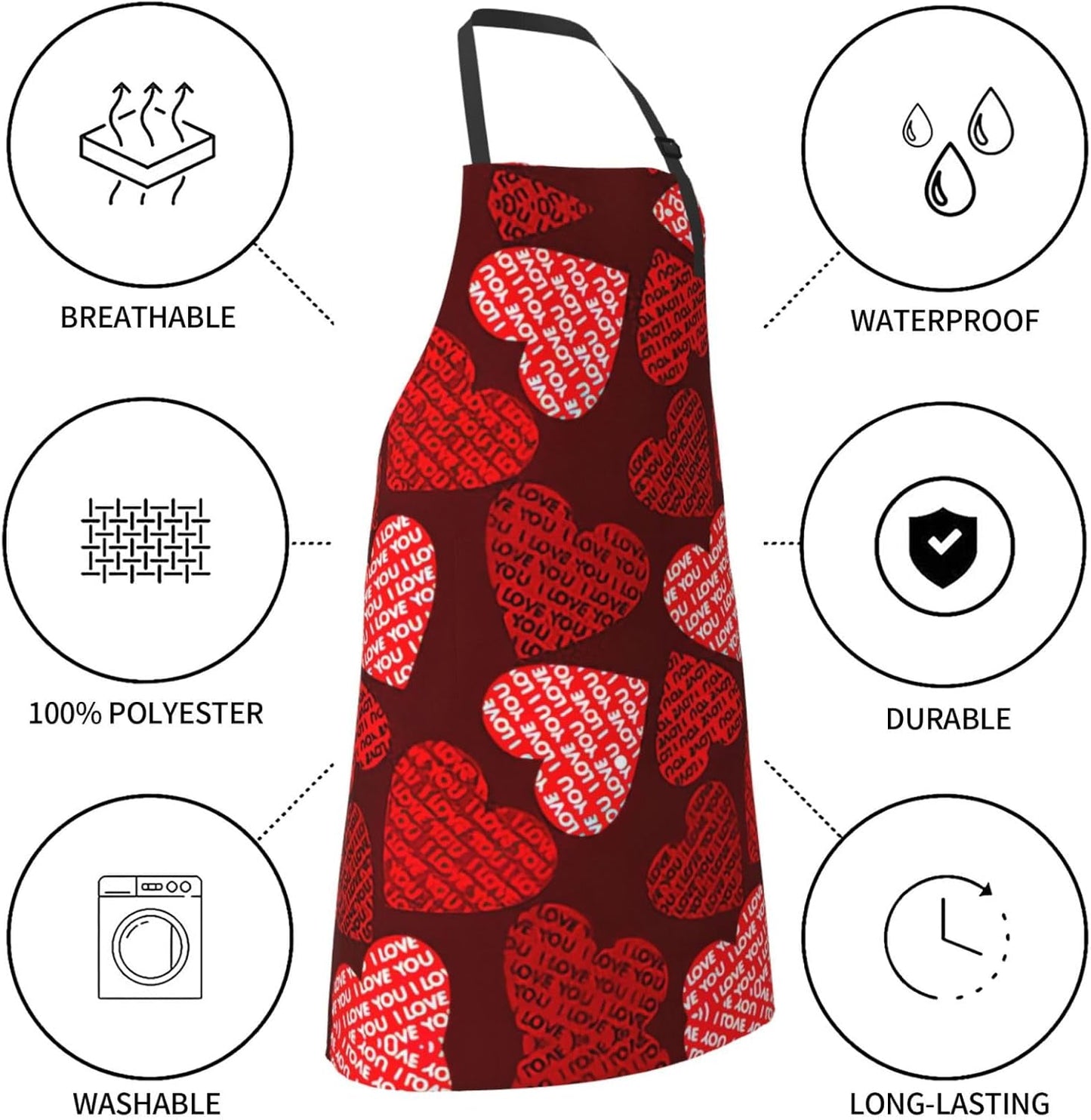 Red Hearts Print Laundry apron 28x33 In Waterproof Kitchen Apron with Pockets for Cooking Baking