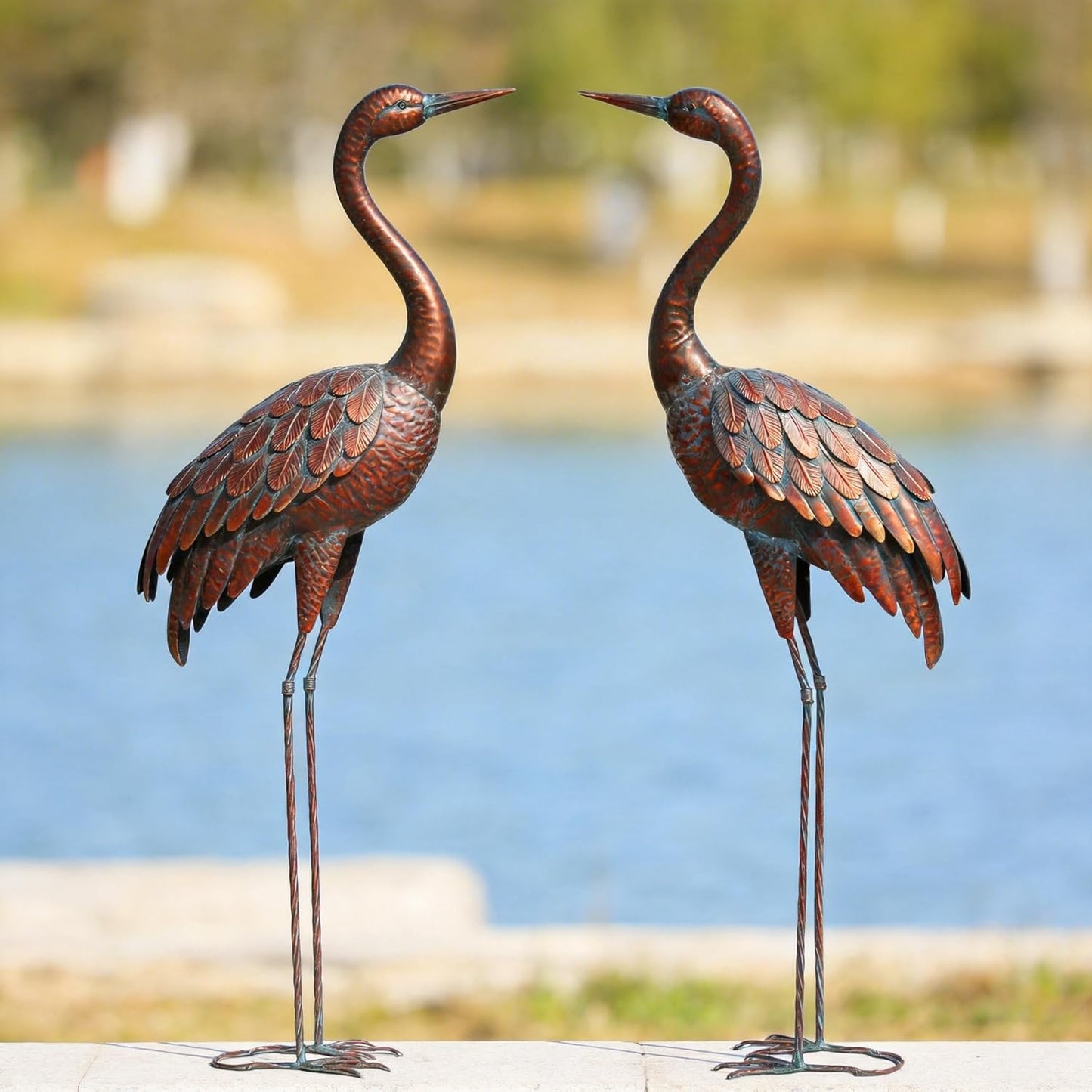 chisheen 2PCS Garden Crane Statues Outdoor Sculptures Metal Yard Art Statue for Garden Decoration Large Size Set of 2