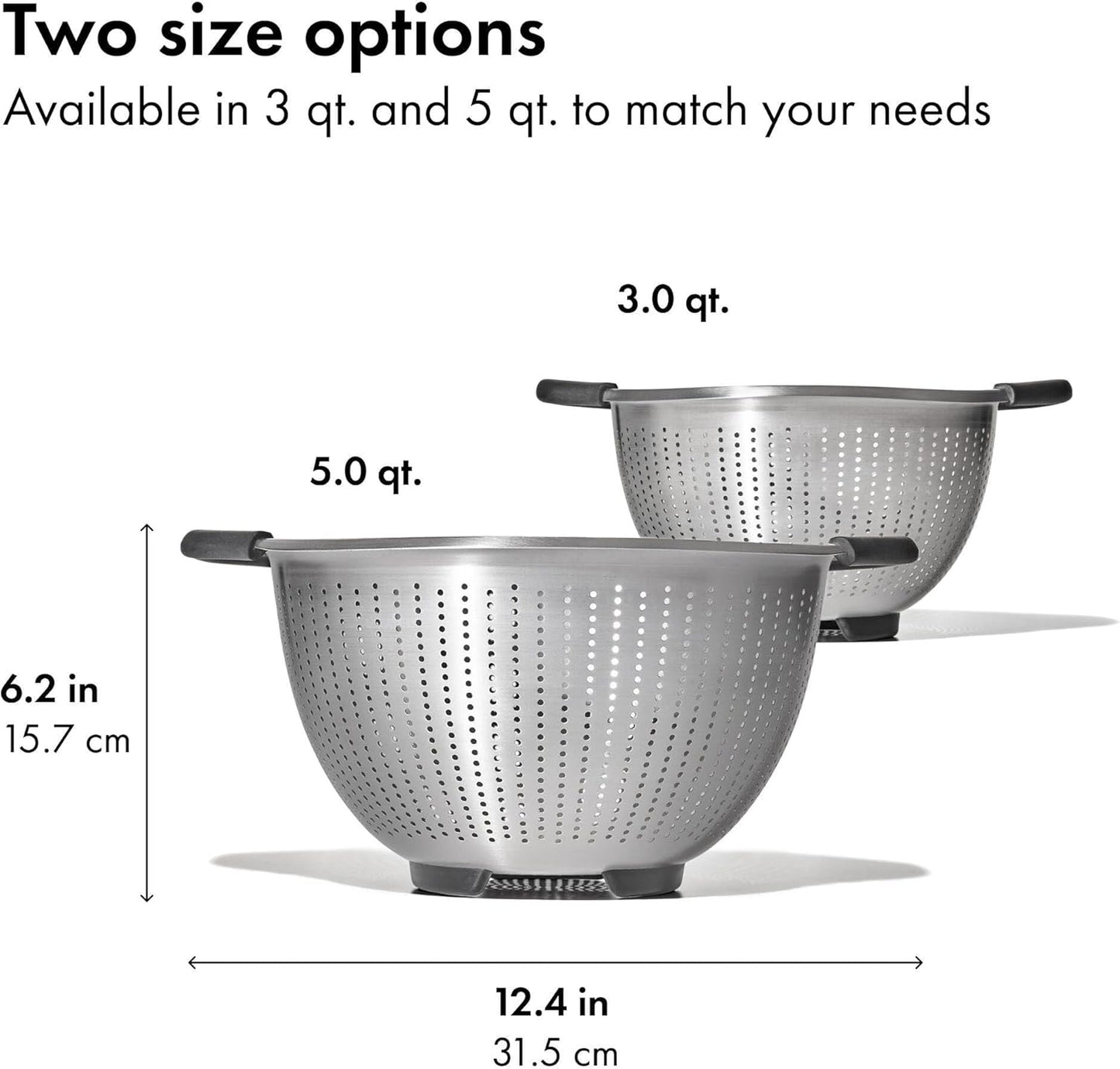 OXO Good Grips Stainless Steel Colander, 5 qt. Capacity, Strainer with Non-Slip Handles, Kitchen Colander for Pasta and Vegetables, Nesting Stainless Steel Strainer and Sieve