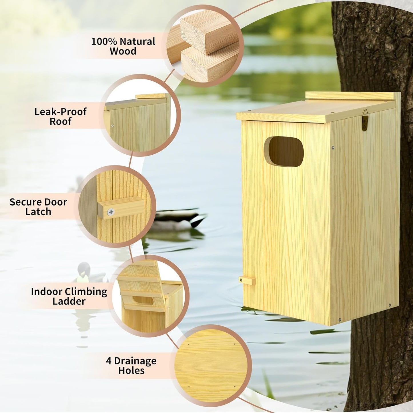 Duck House, Solid Wood Duck Houses for Outside, Included Hanging Rope, Outdoor Duck Nesting Box for Pond, 22" H x 10" D x 10" W, Nesting Pads Not Included